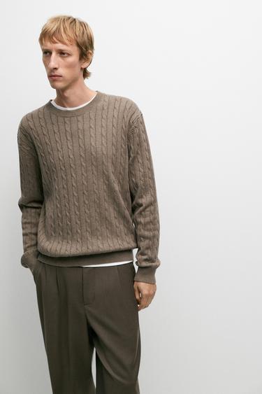 Cable-knit round neck sweater — KHAKI 3