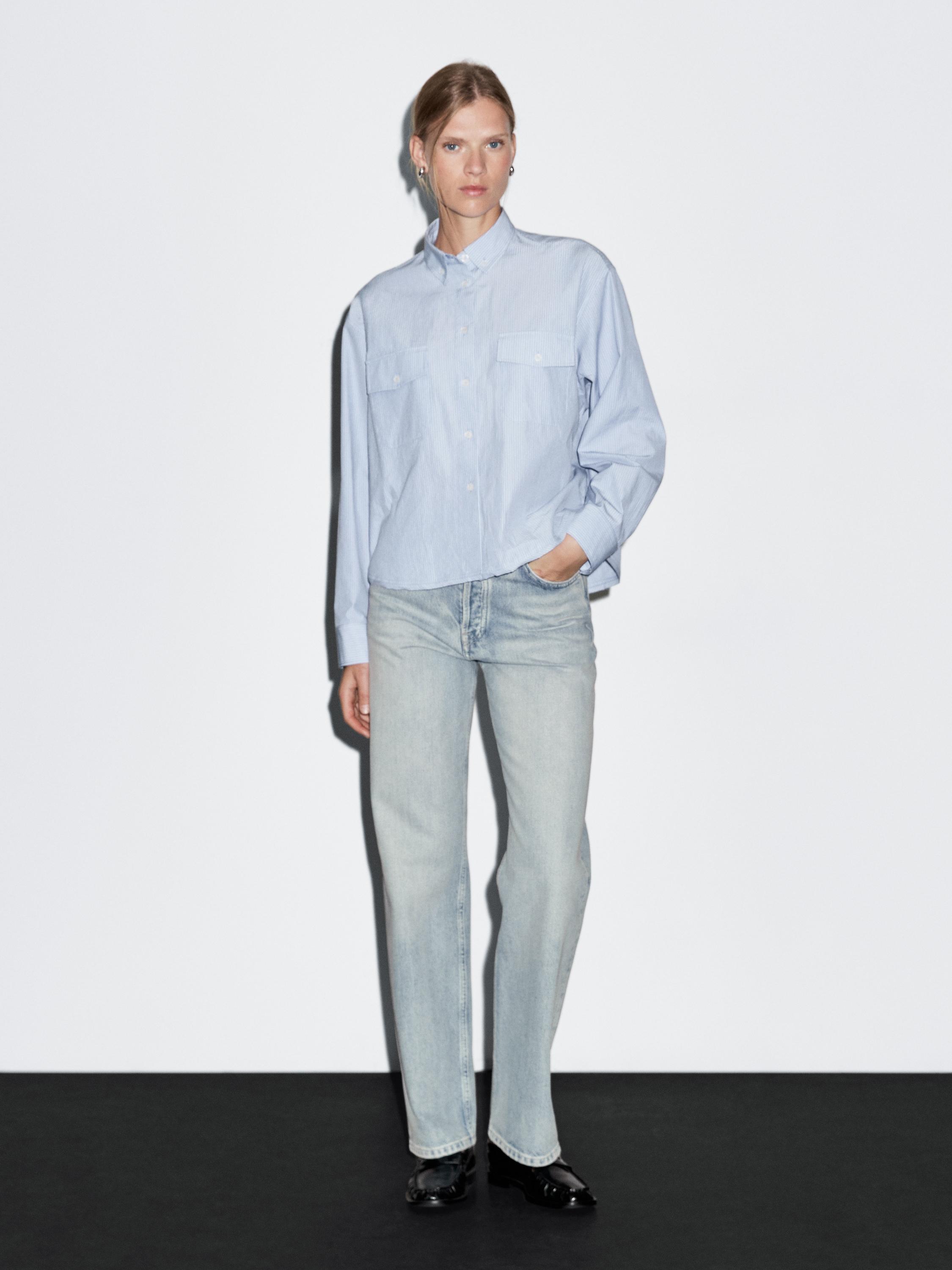 Cotton blend high-waist straight-leg jeans · Light Blue, Off White