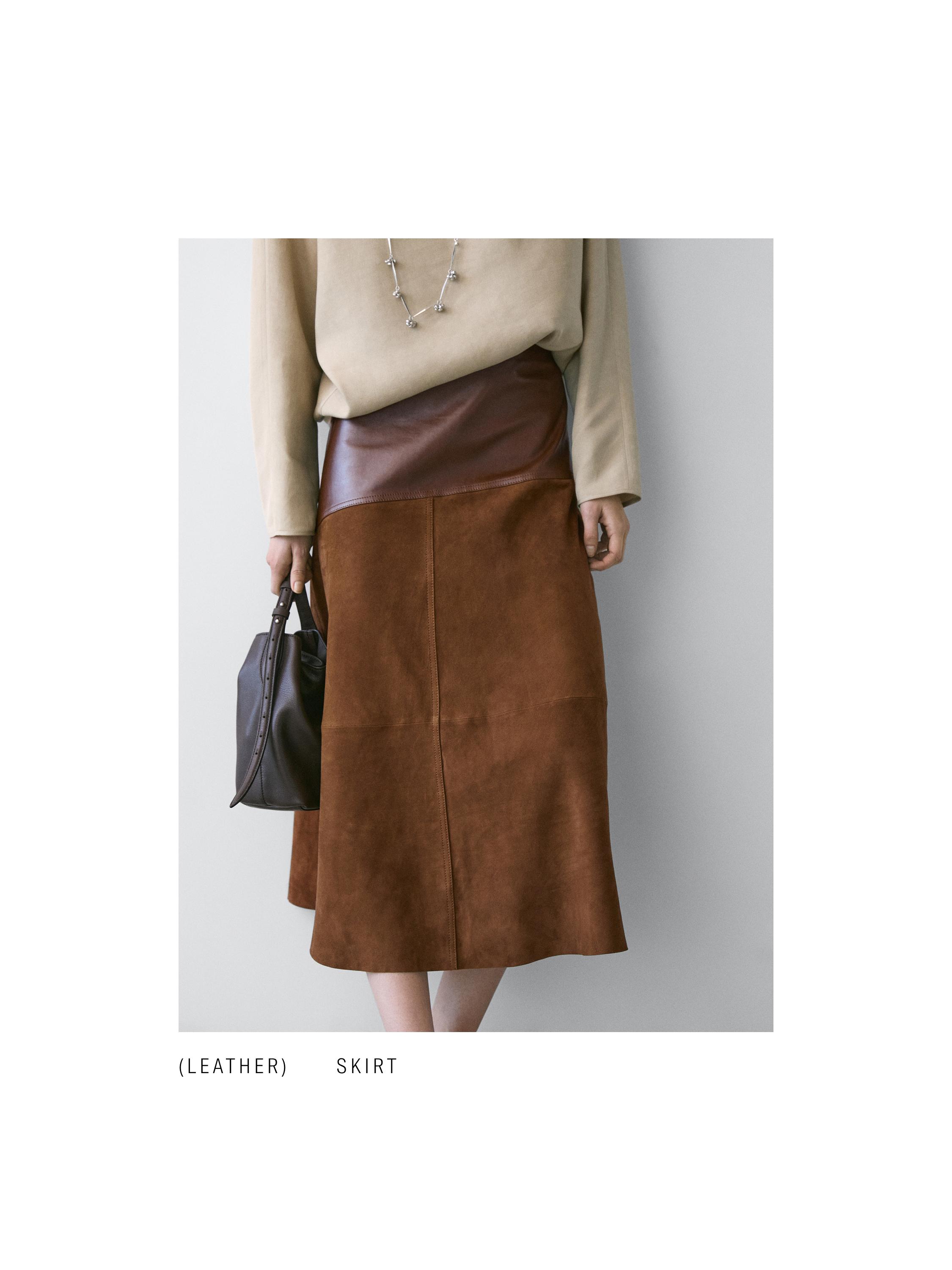 Suede nappa leather skirt with asymmetric yoke — BROWN