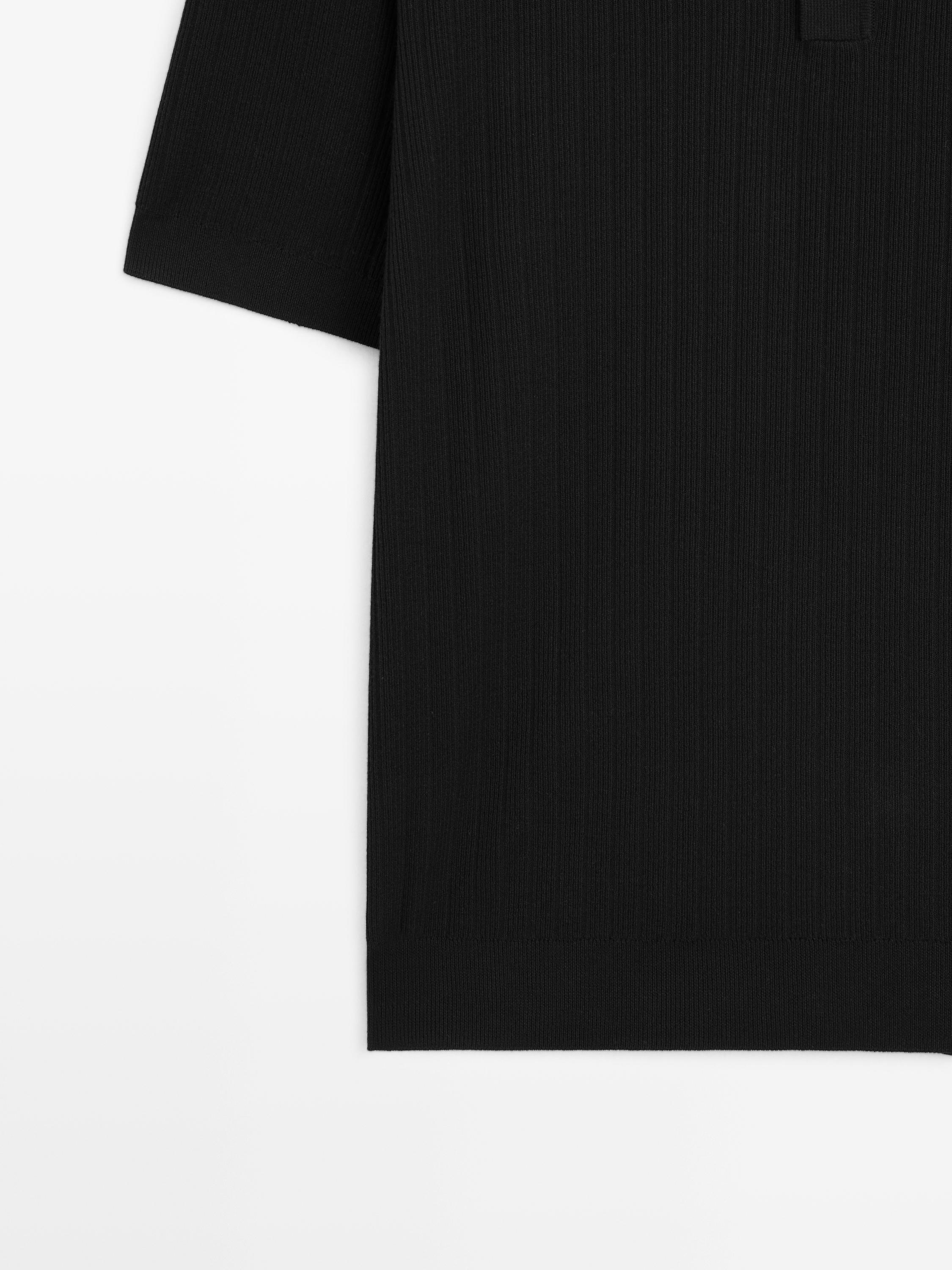 Ribbed knit cotton polo shirt — BLACK
