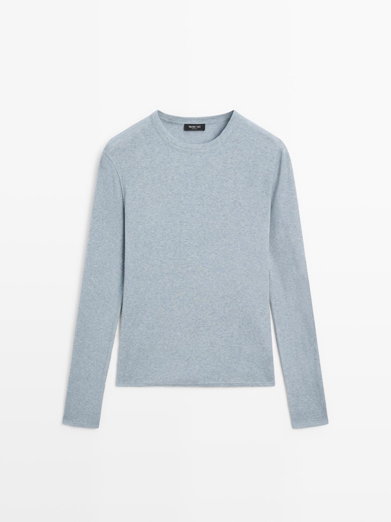 Massimo Dutti - Dame - Langærmet T-Shirt I Bomuldsblanding - Himmelblå - S