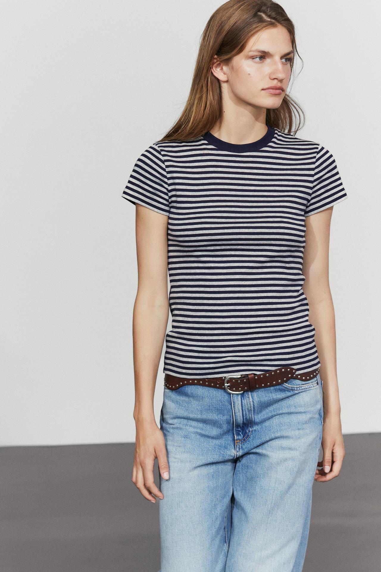 Ribbed striped short sleeve T-shirt — BLUE