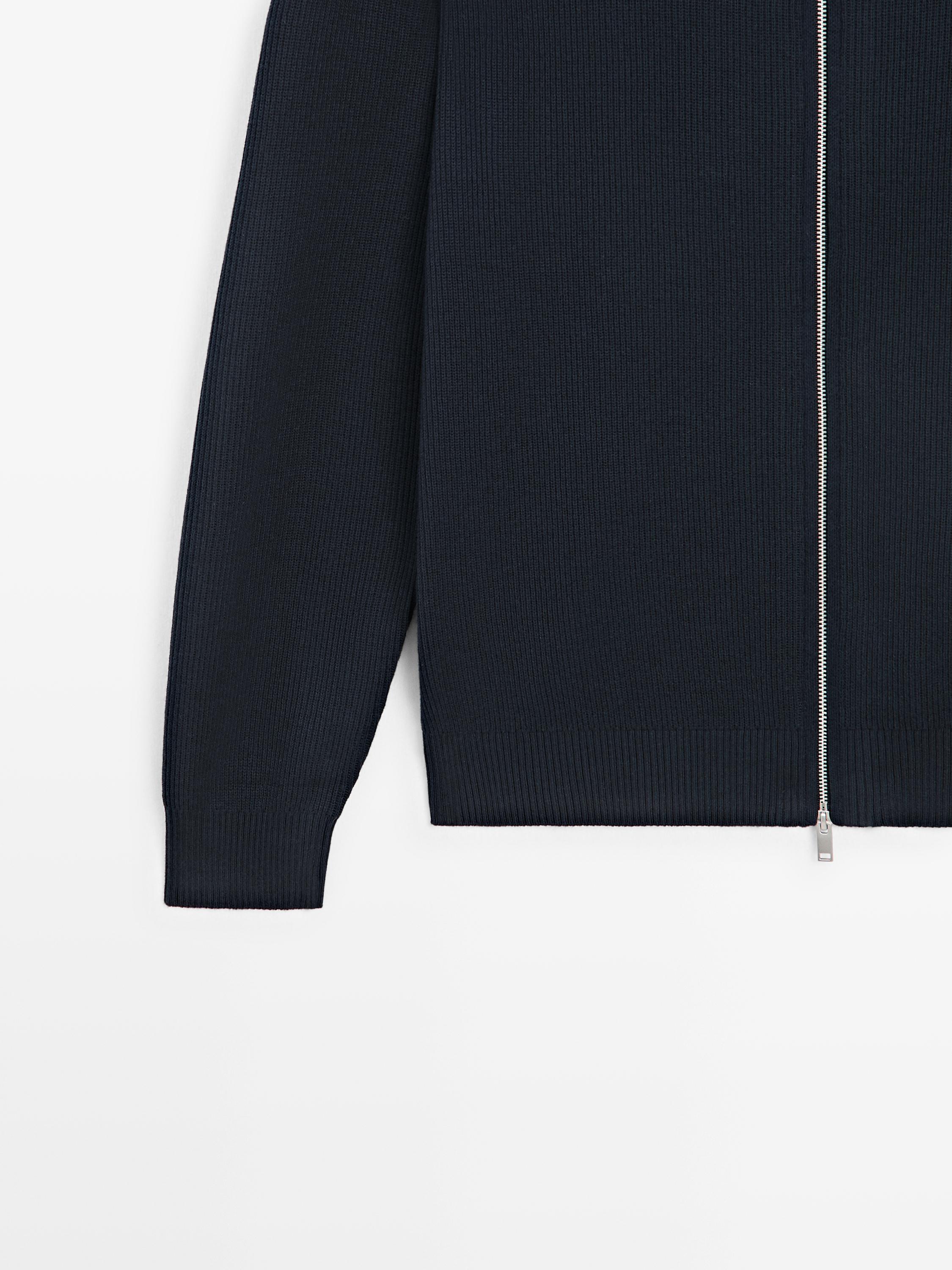 Cotton zip-up knit cardigan — NAVY BLUE