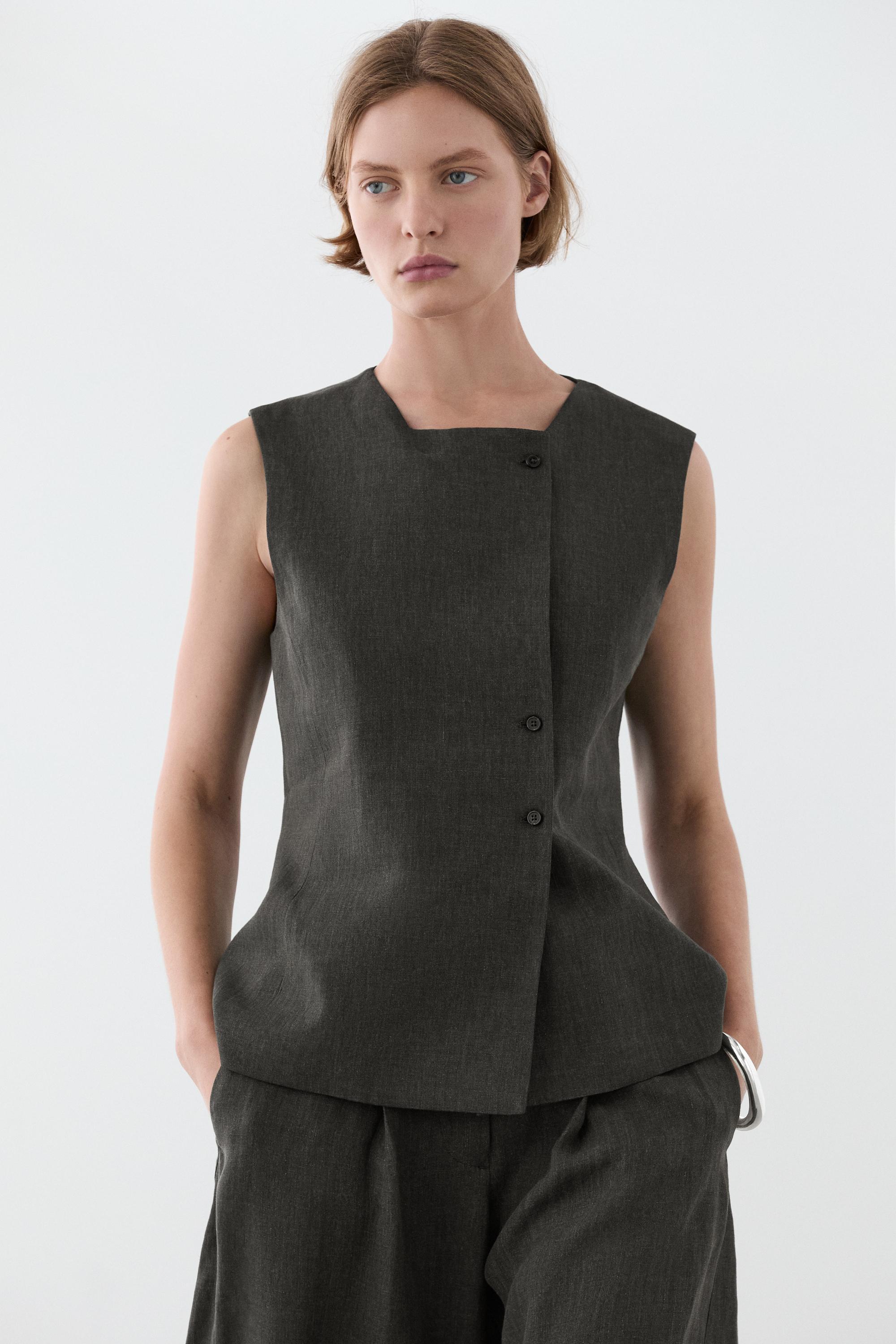 Melange linen double-breasted waistcoat with buttons — BLUISH GREEN