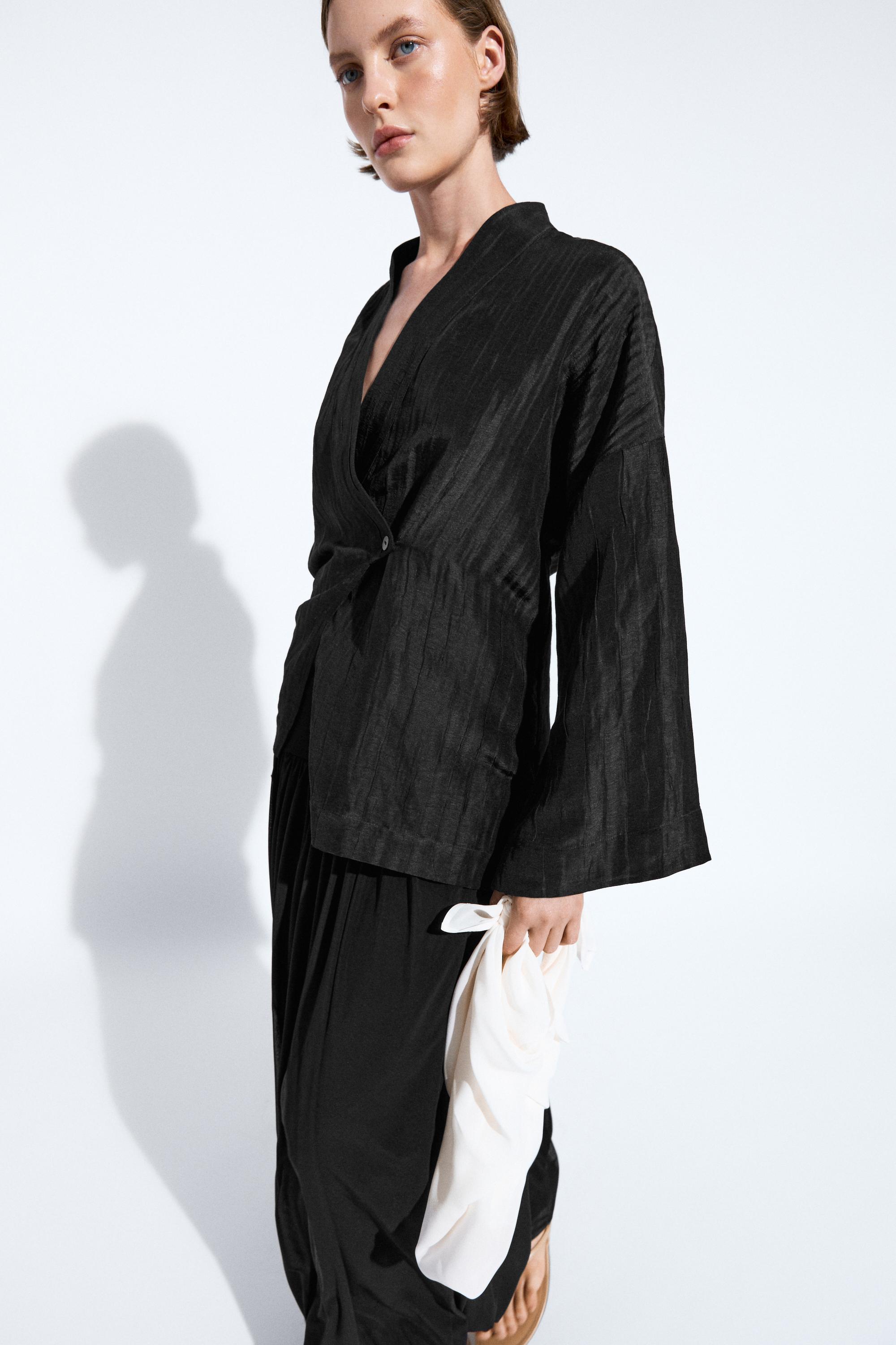 Textured linen blend V-neck kimono — BLACK