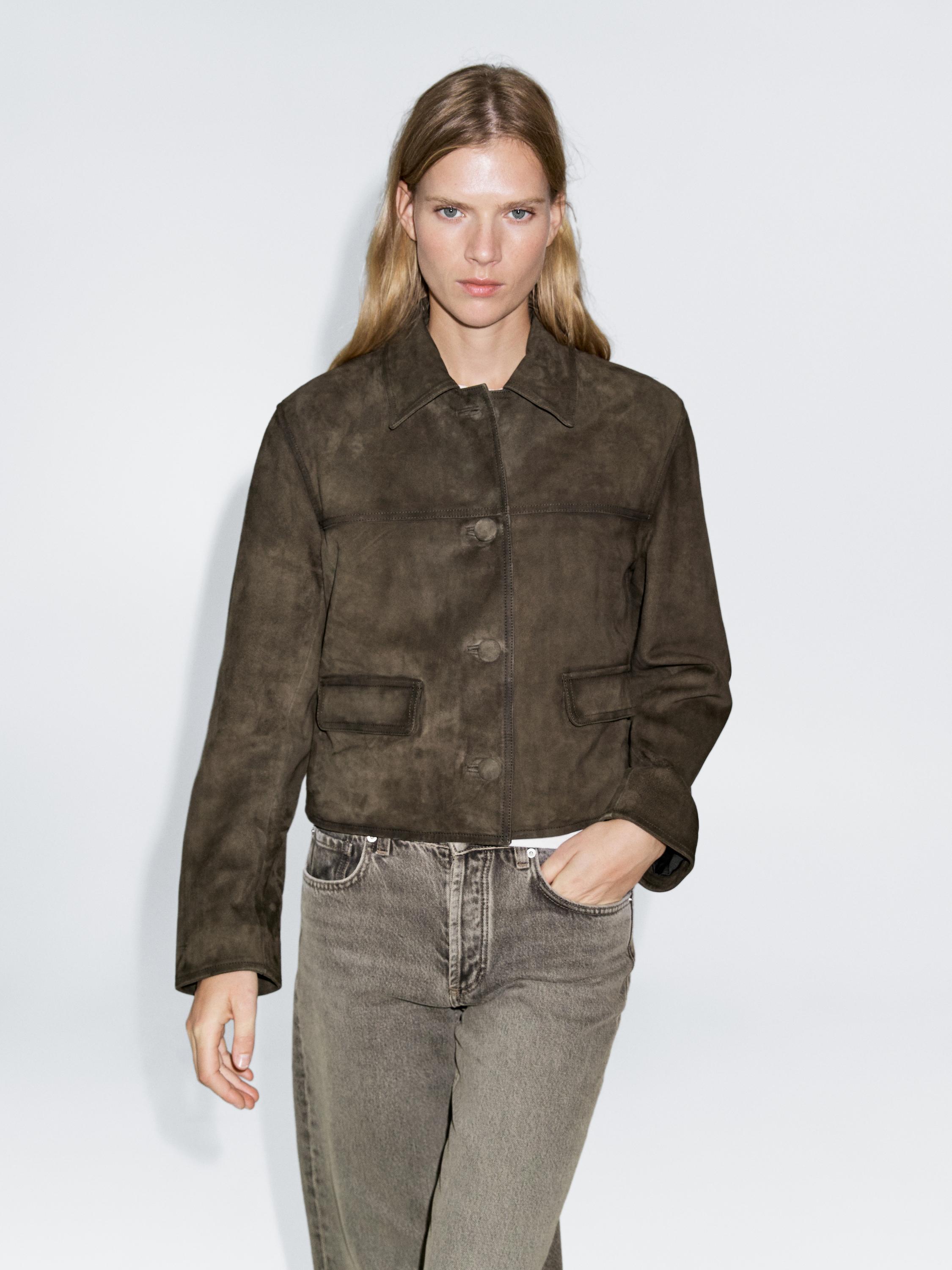 Veste en cuir effet daim avec boutons recouverts