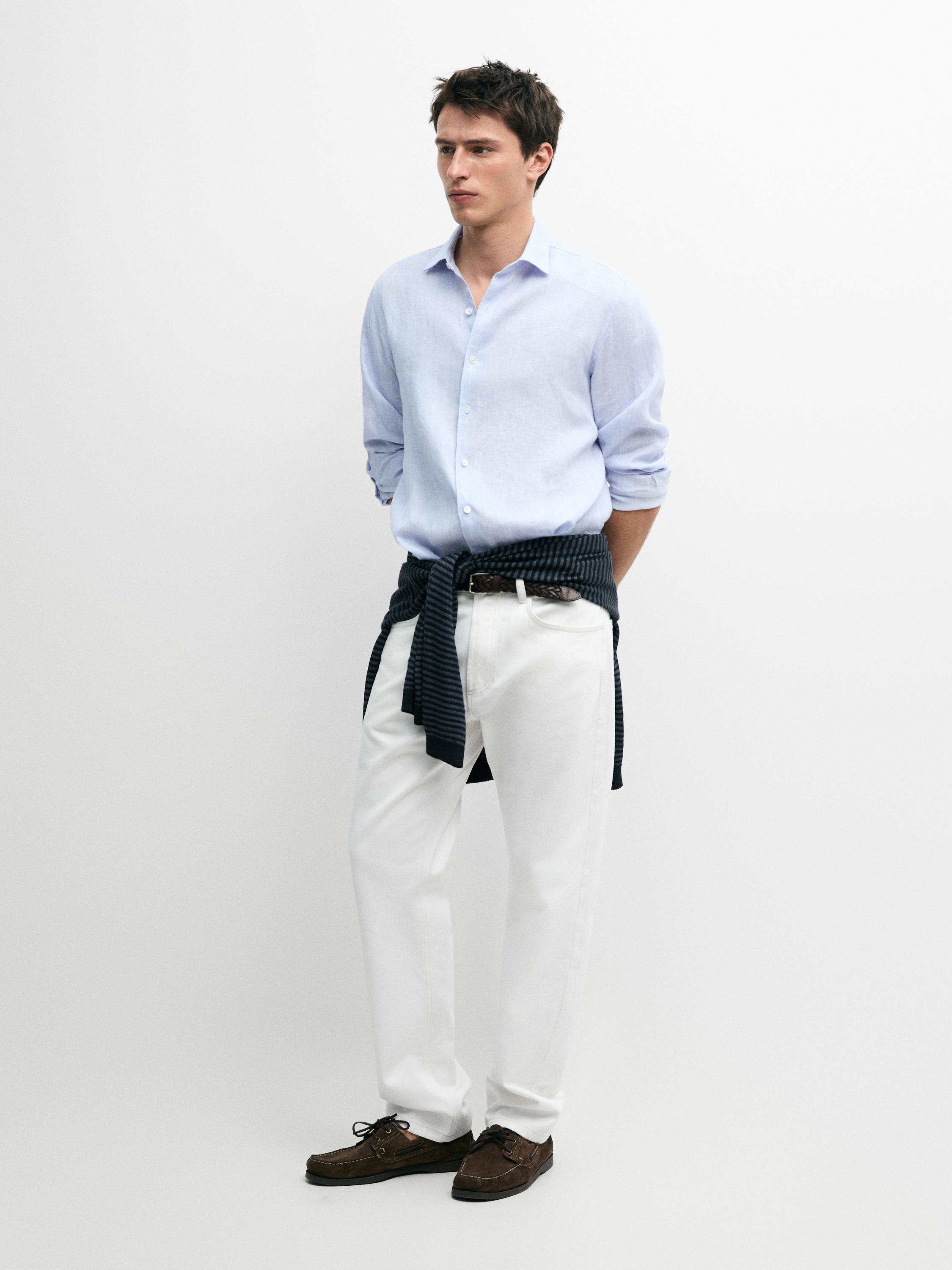 100% linen regular fit striped shirt — Light Blue