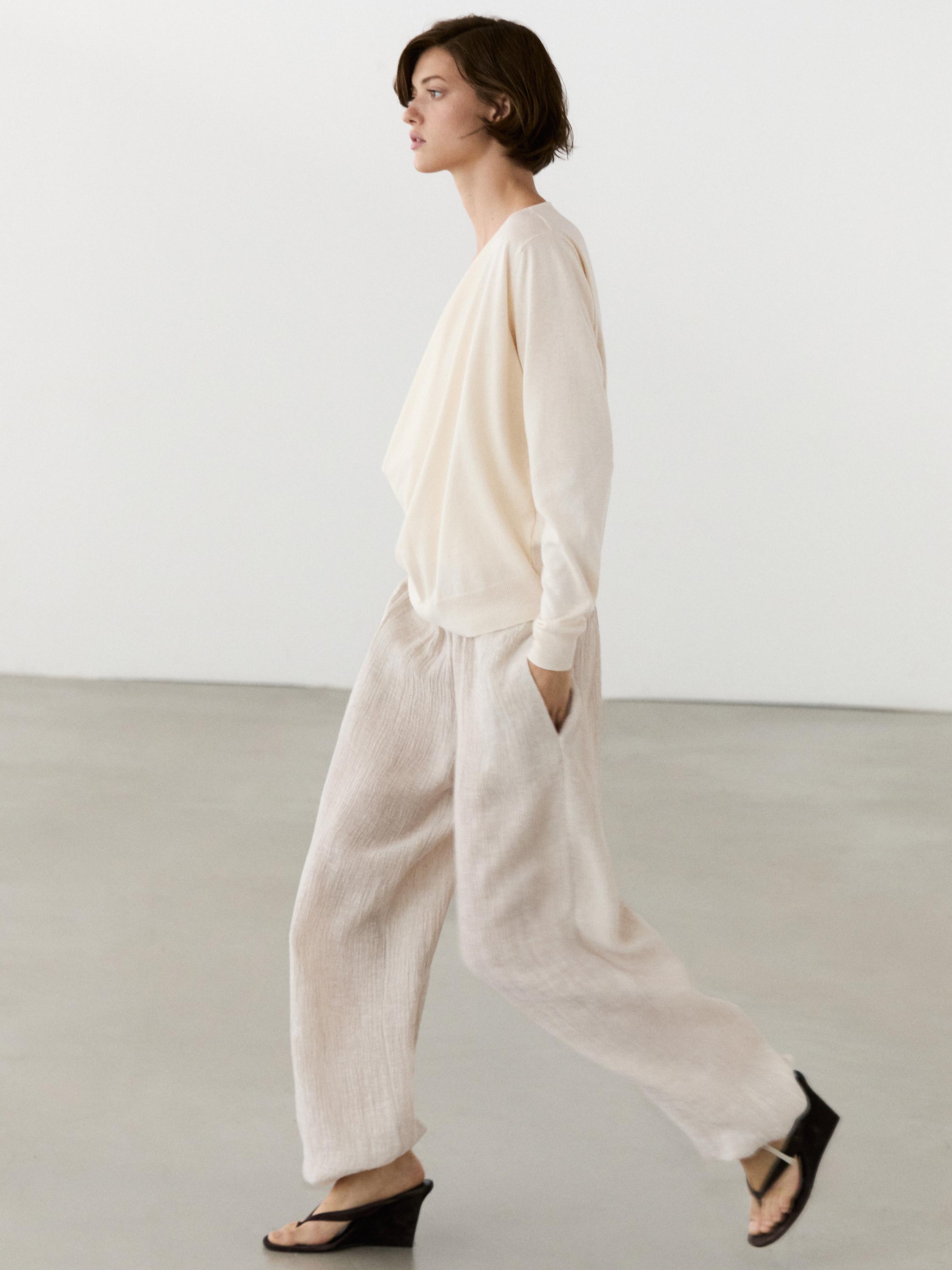 Draped neckline cotton sweater — CREAM