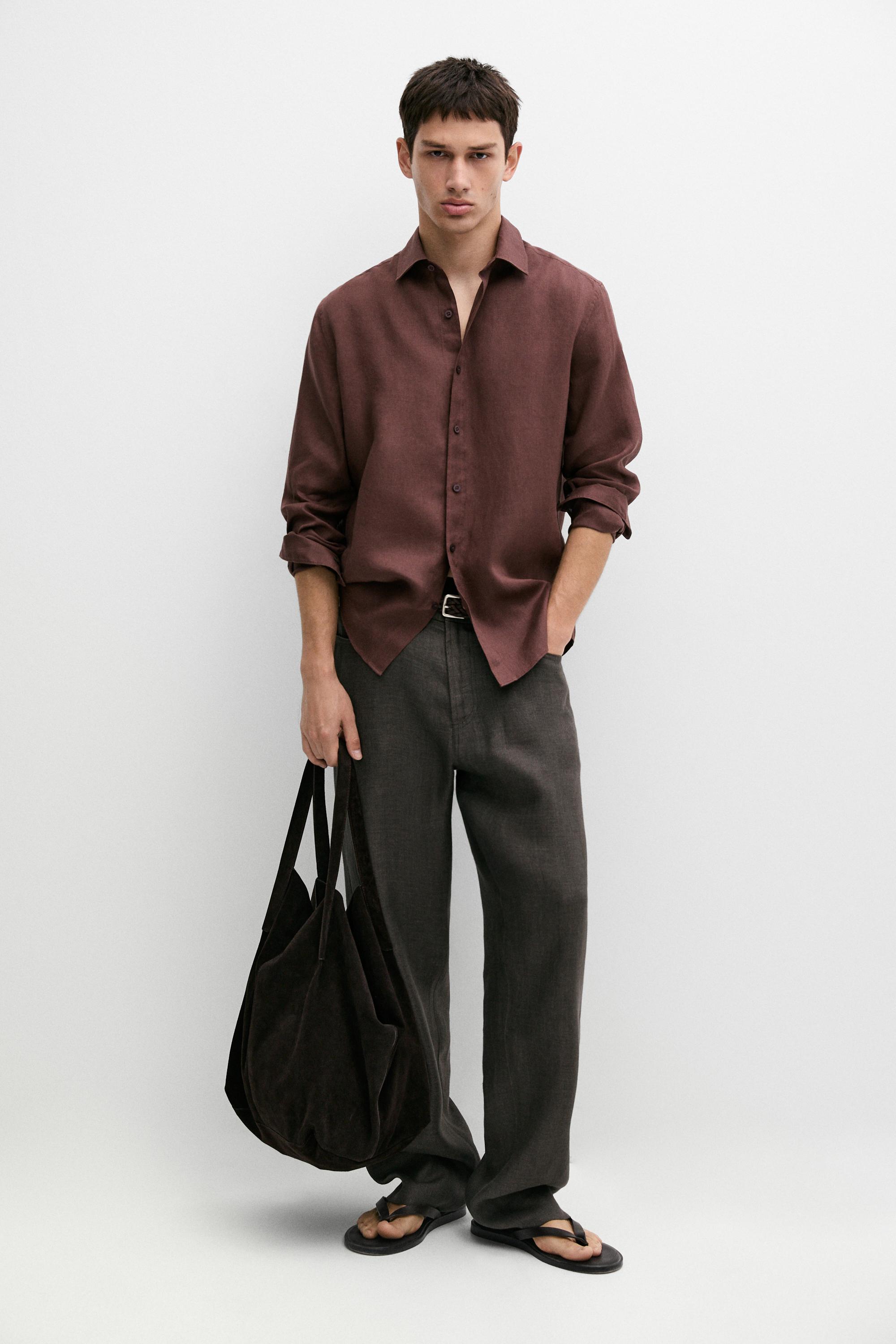 Slim fit 100% linen shirt — DARK MAROON