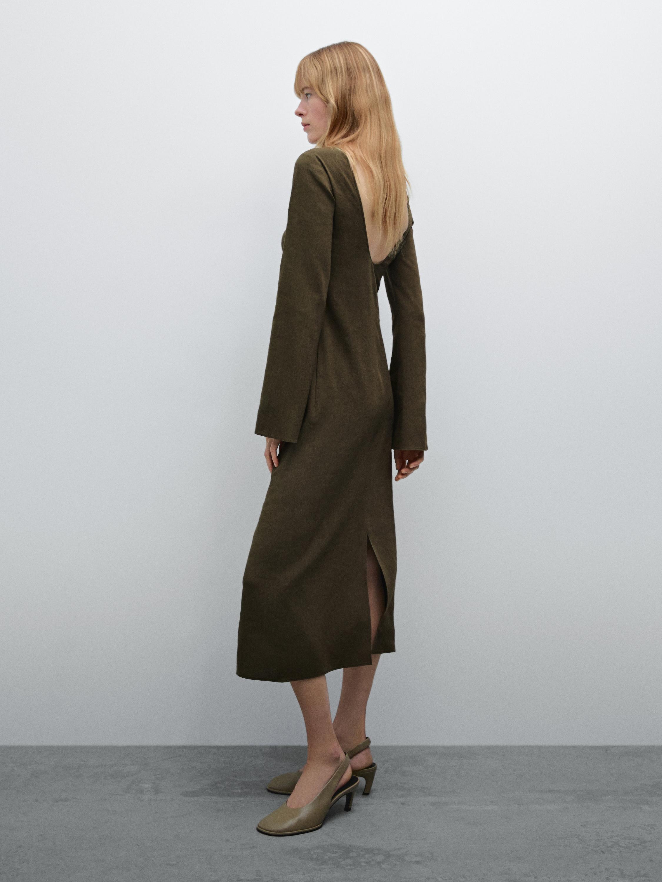 فستان ميدي من الكتان المخلوط بتفصيل على الظهر