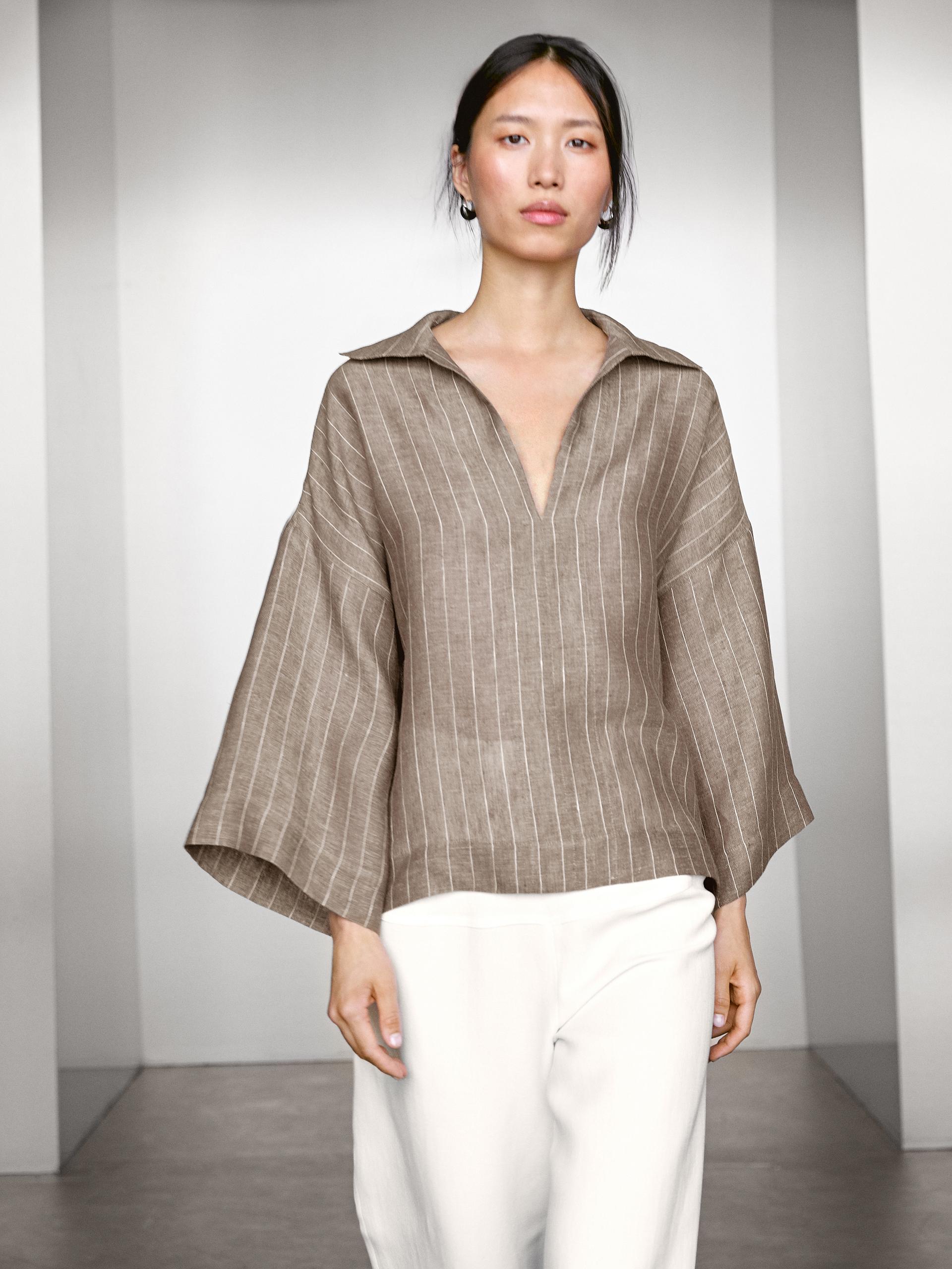 Massimo Dutti Striped Linen Open Neck Blouse In Brown