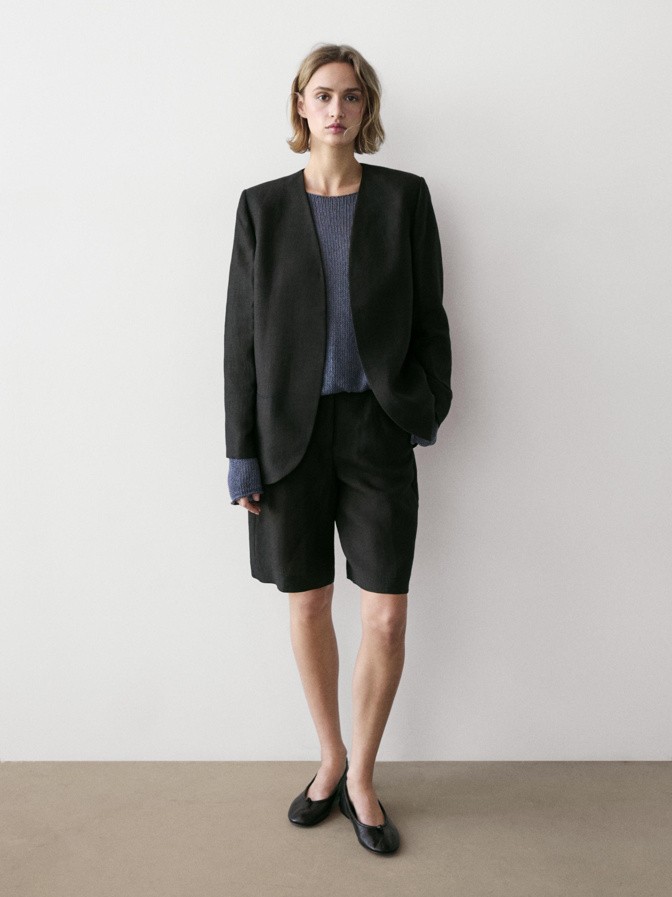 100% linen lapelless blazer — BLACK