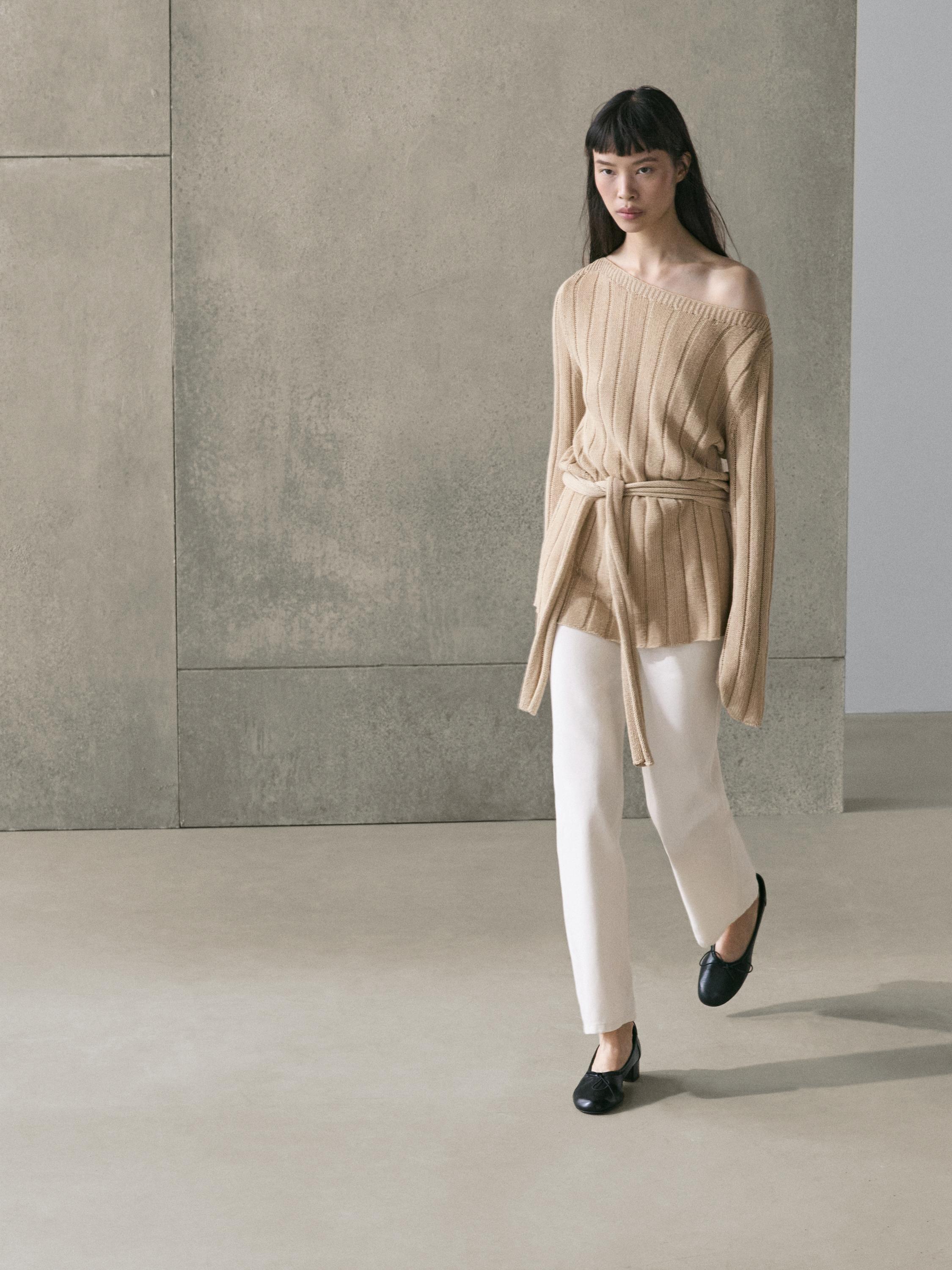 Cotton blend knit boat neck sweater — BEIGE