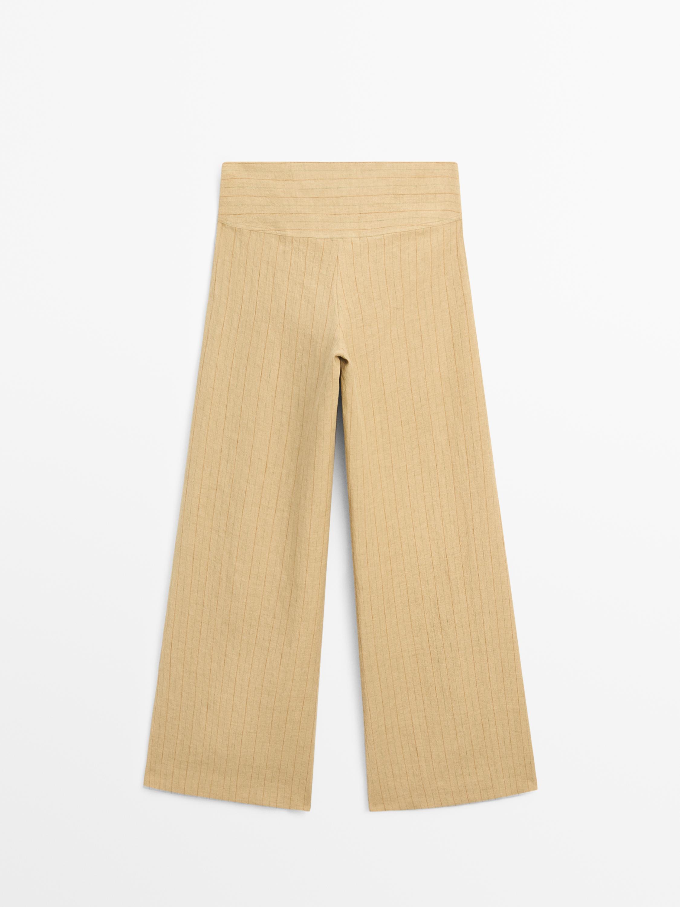 100% linen mid-waist flare pants — SAND