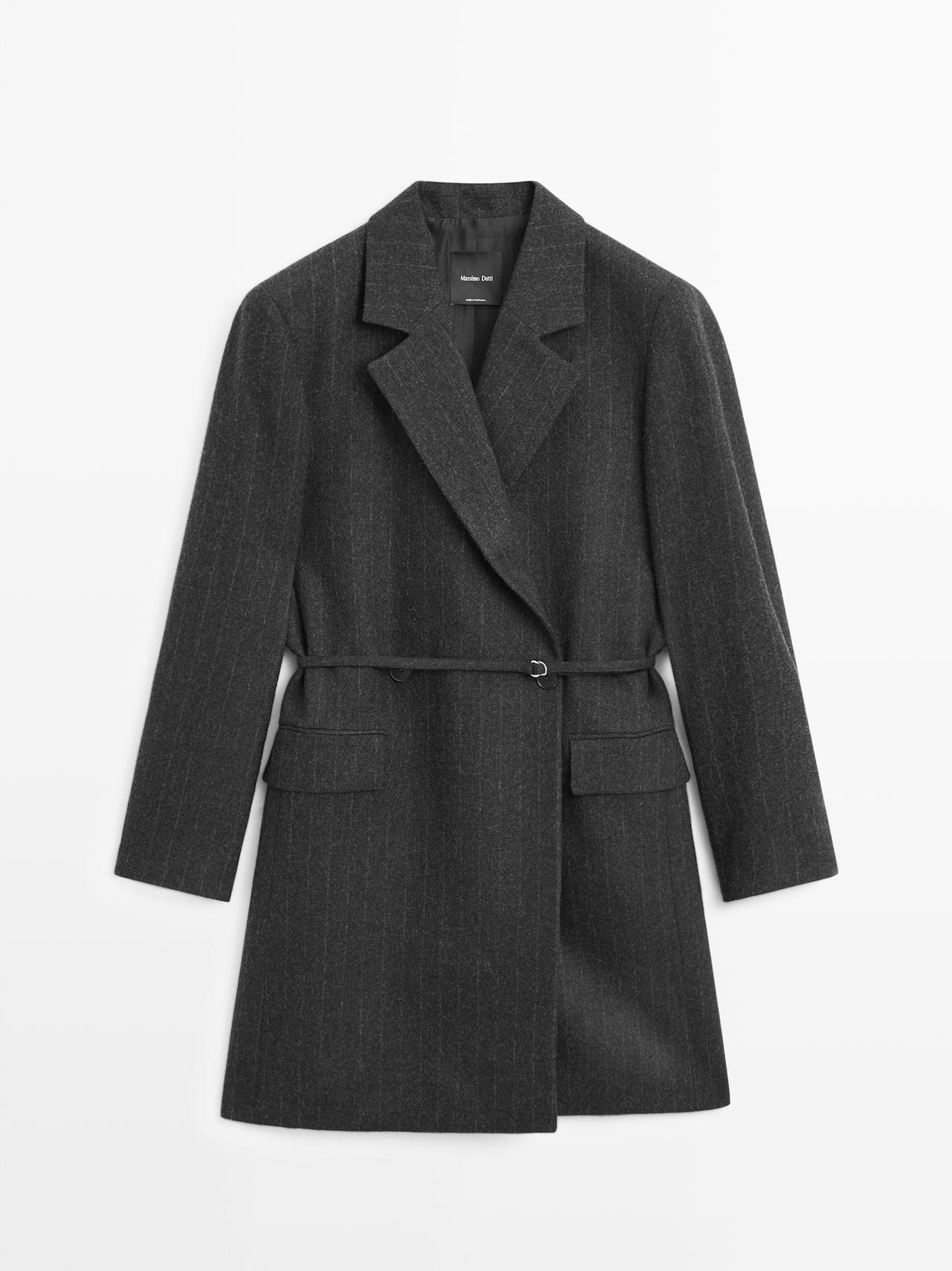 Massimo Dutti - Dame - Lang Stribet Blazer I Uldblanding - Grå - 34