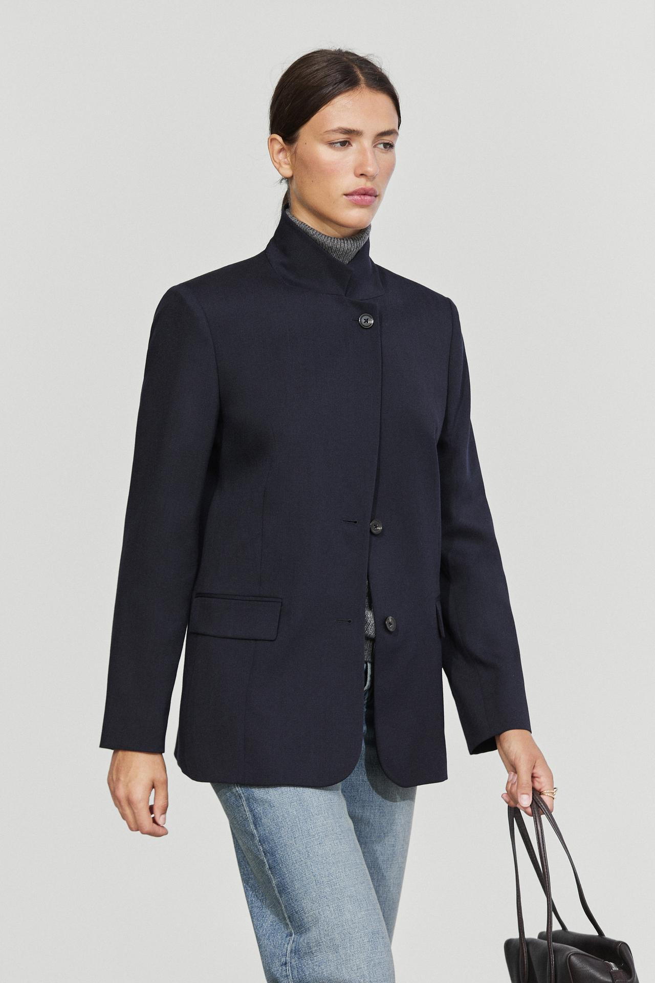 Wool blend blazer with stand-up collar — DEEP BLUE