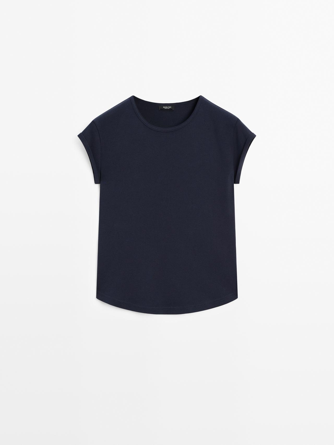 Massimo Dutti - Dame - T-Shirt I 100 % Bomuld Med Afrundet Kant Forneden - Blå - S