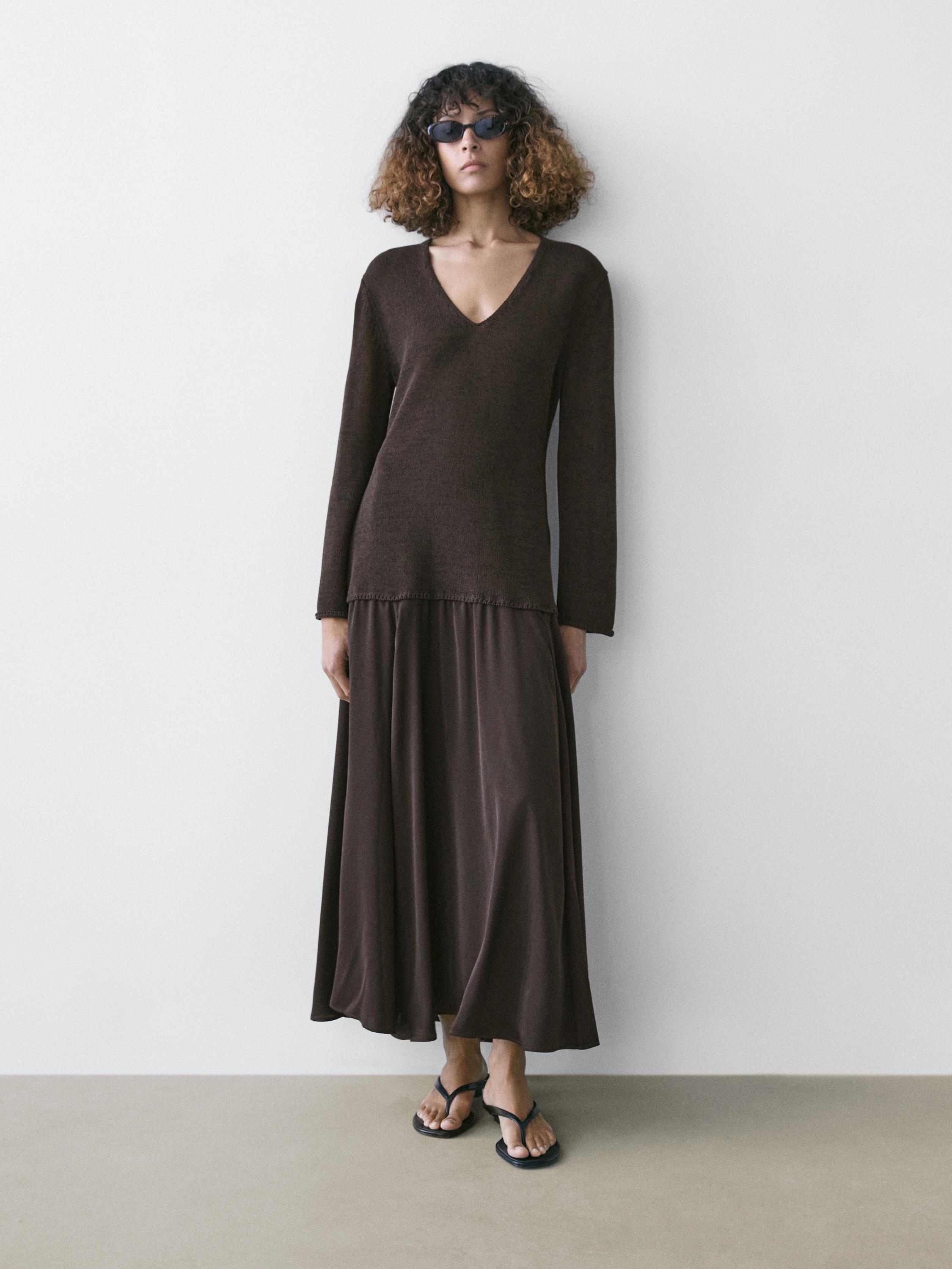 Contrast cotton blend knit dress — Reddish brown