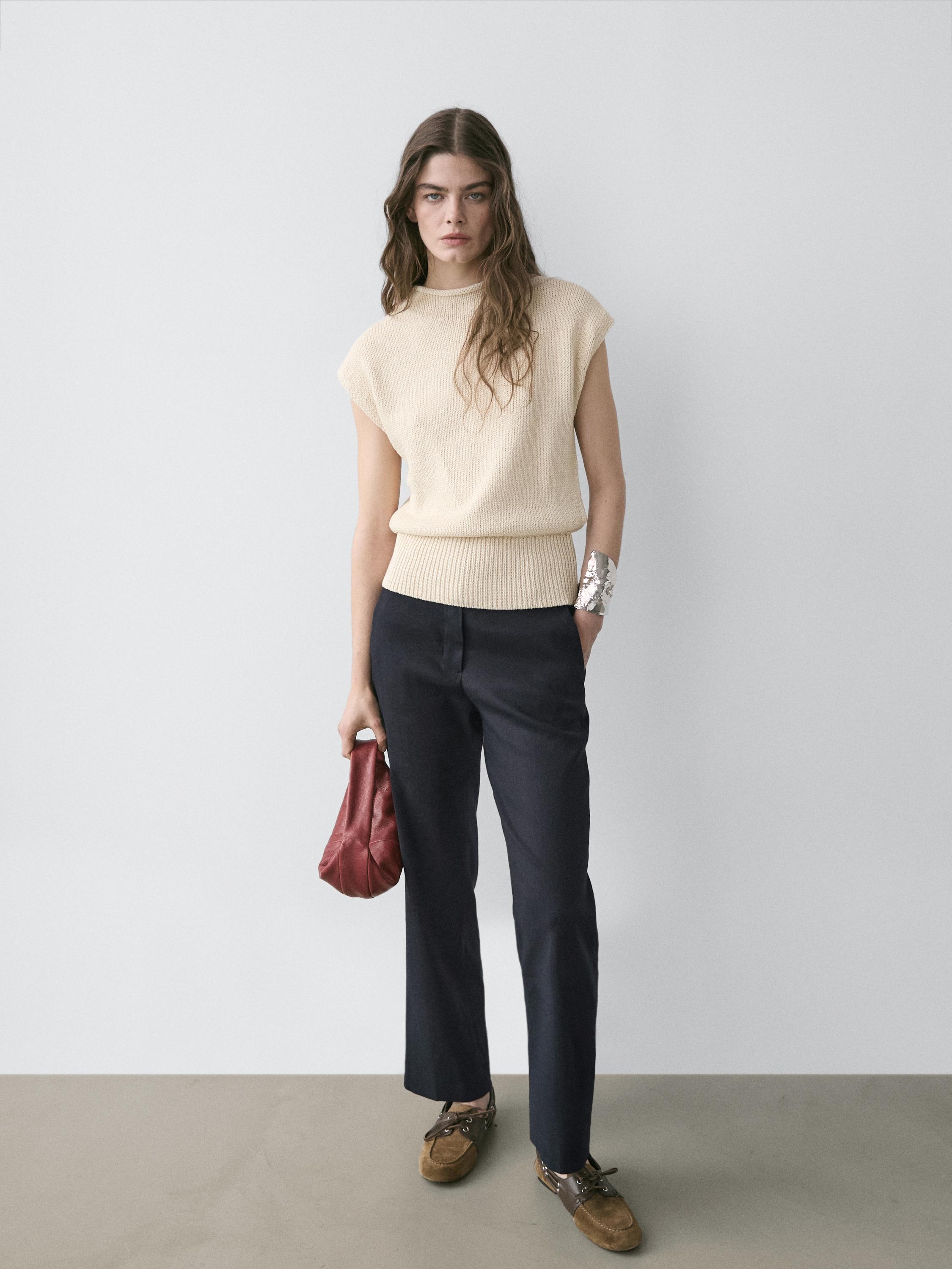 Straight-leg linen blend trousers — NAVY BLUE