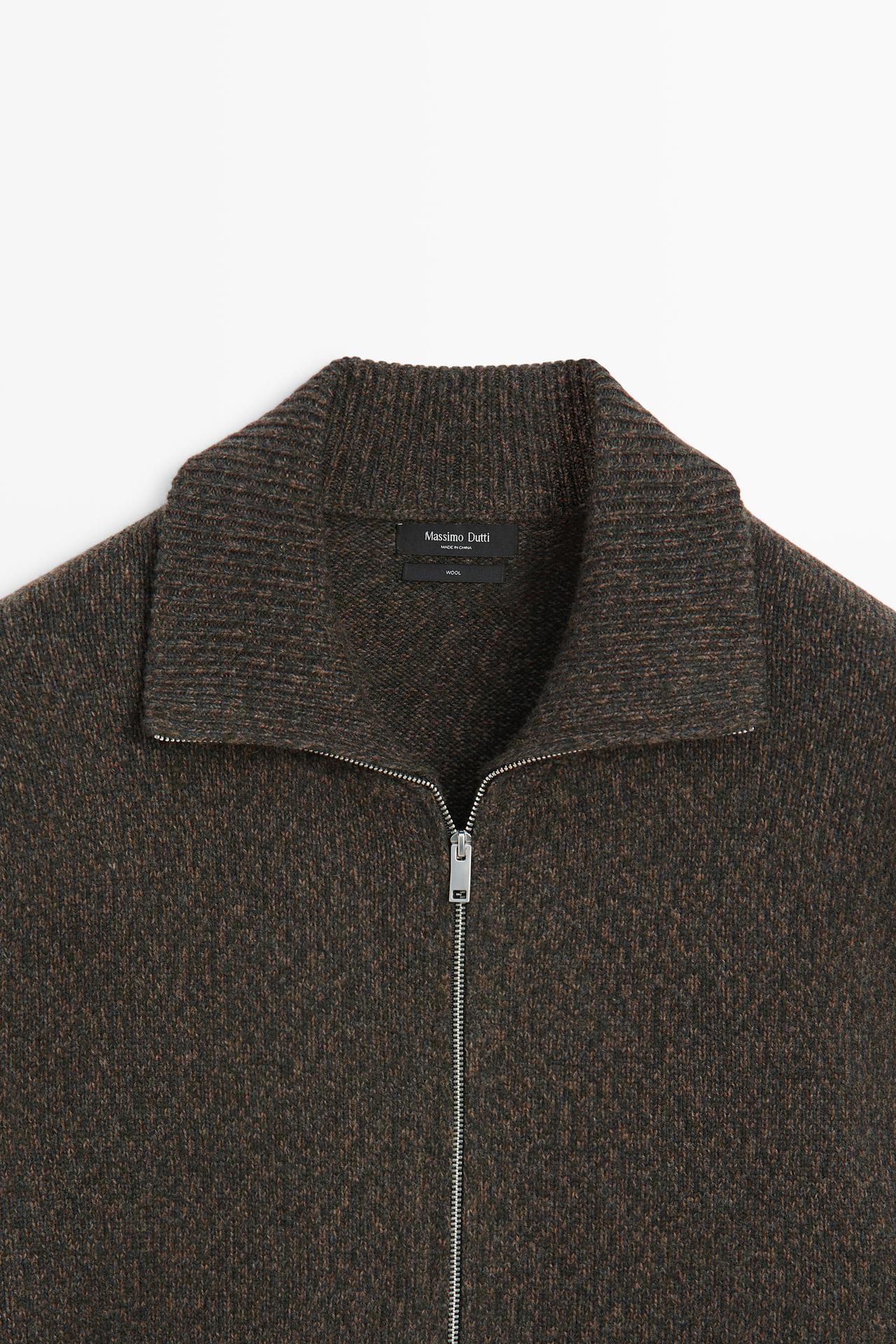 100% wool knit zip-up cardigan — PINE GREEN