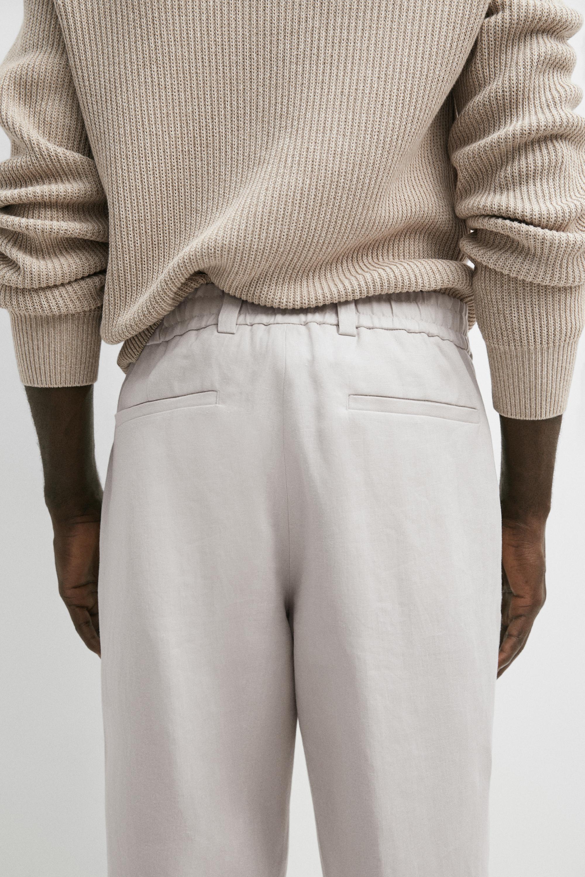 100% linen trousers with elasticated waist — Light Beige