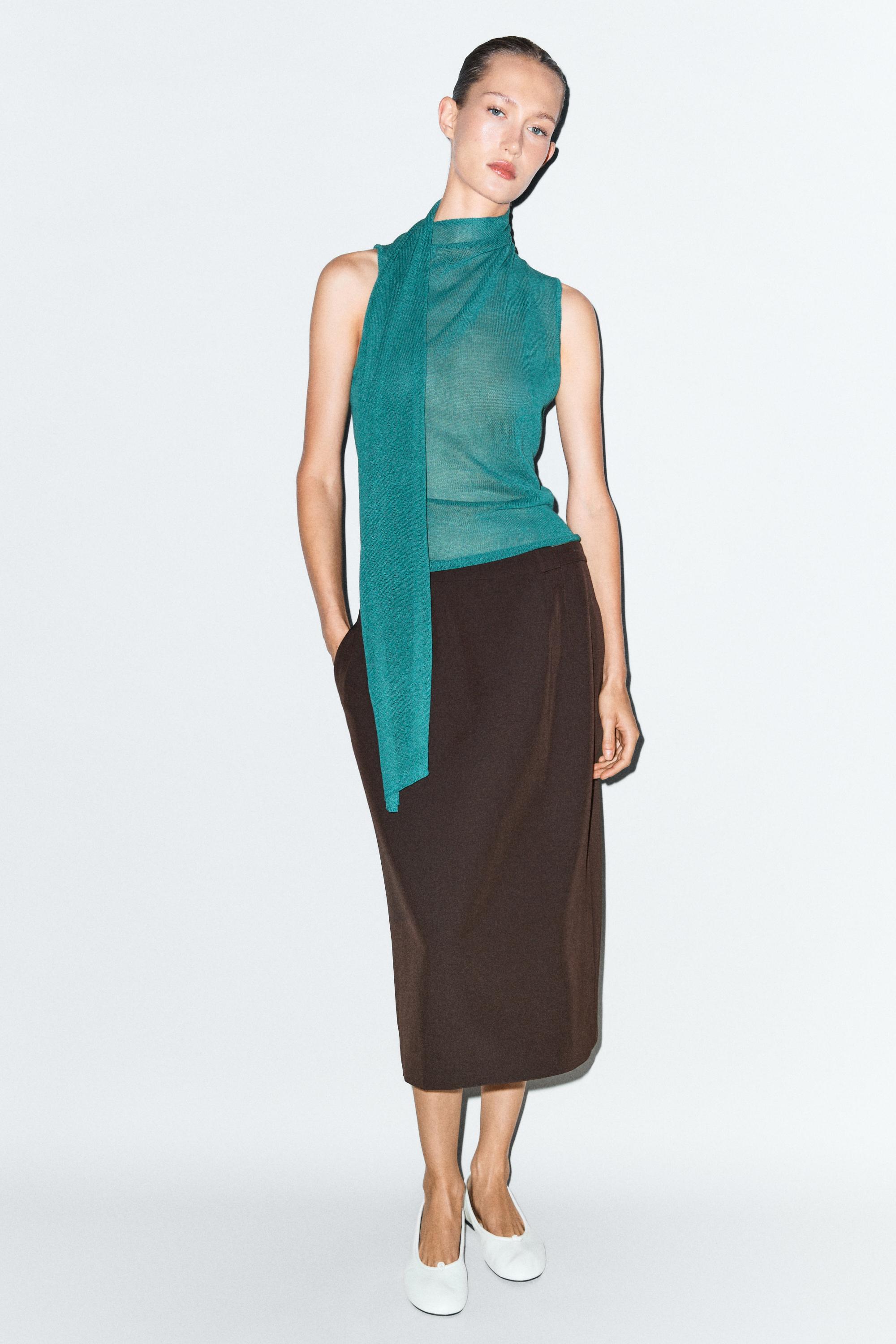 High neck top with scarf detail — TURQUOISE
