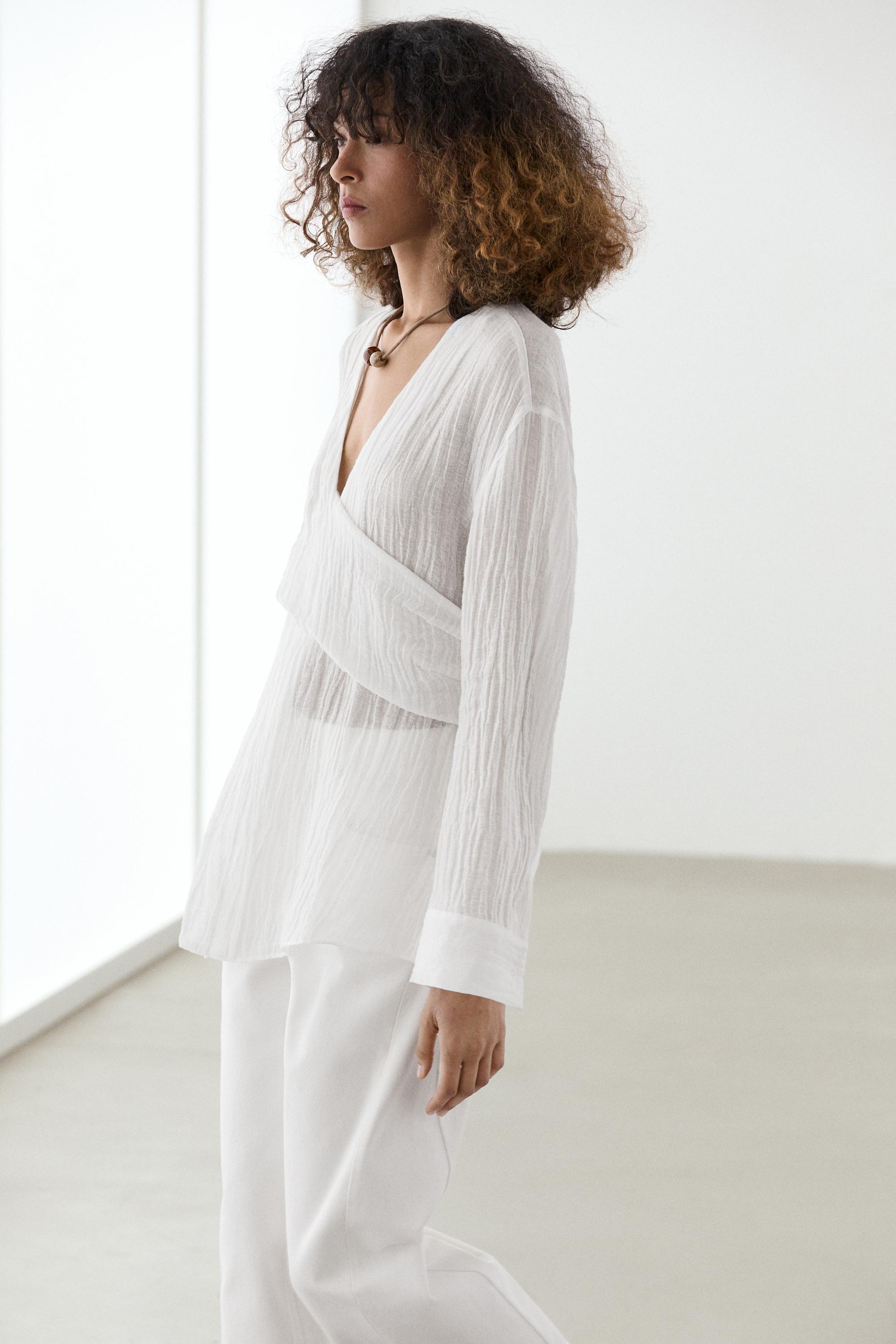 Linen blend blouse with sash belt — WHITE