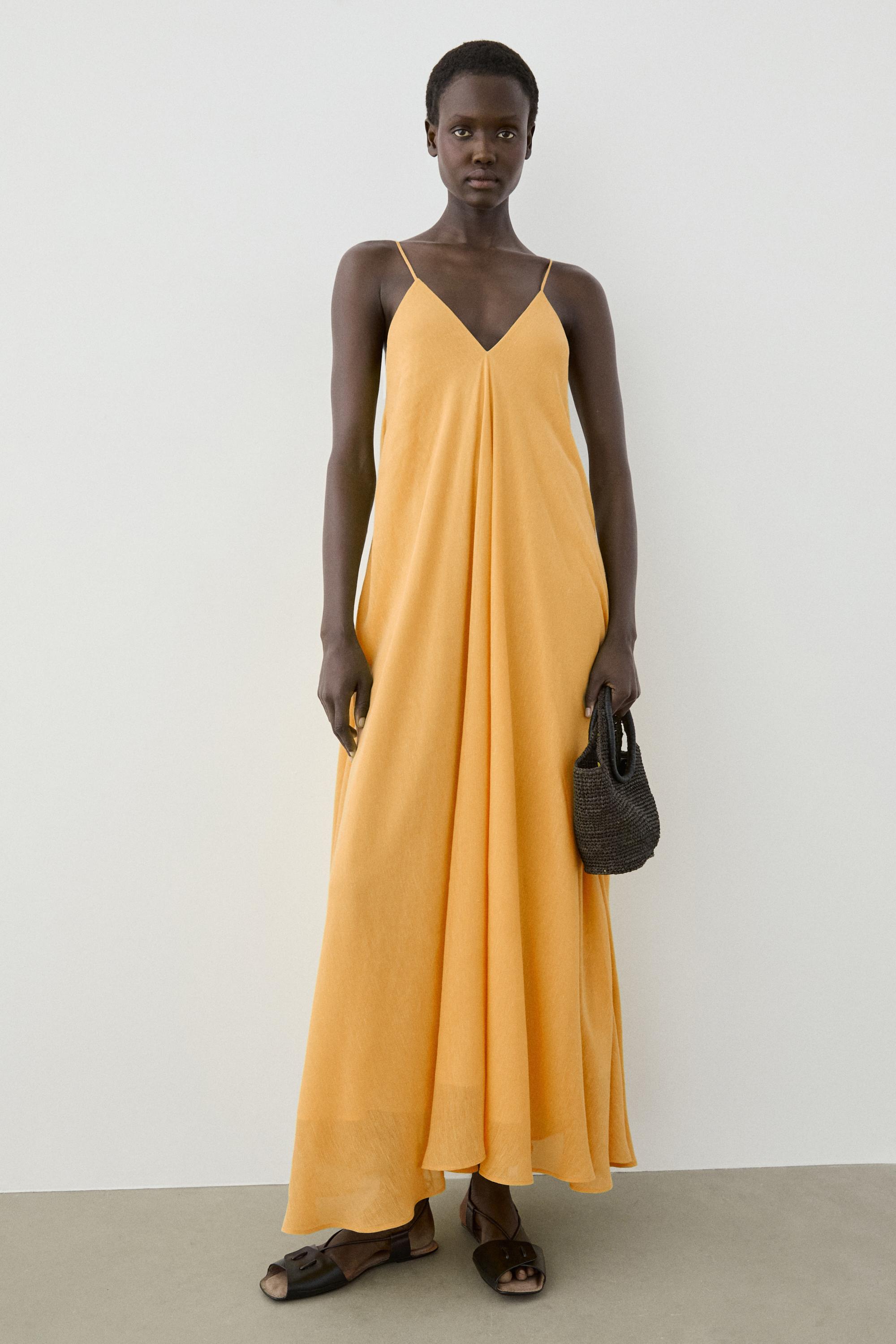 Linen blend flowing V-neck dress — YELLOW