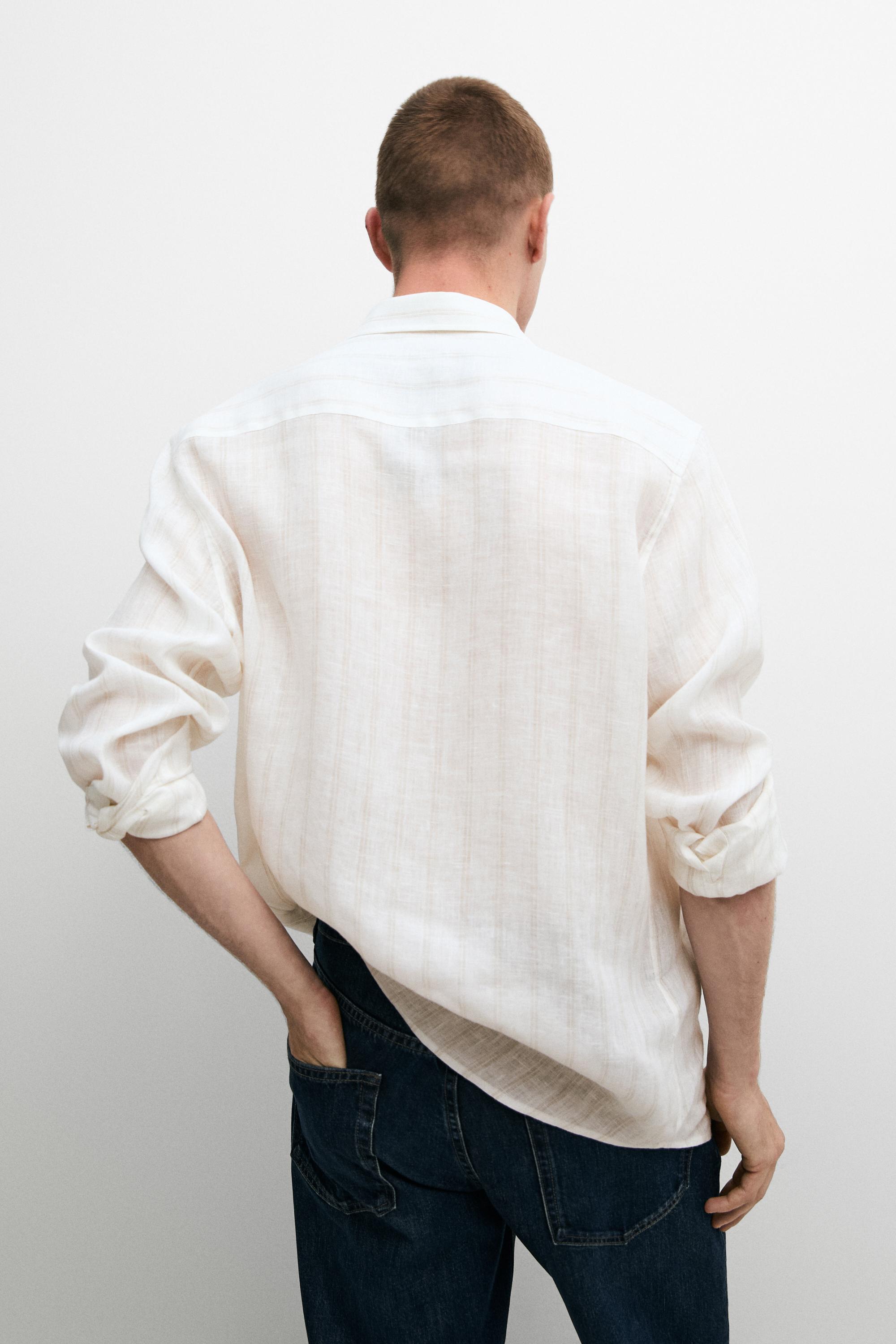 100% linen regular fit striped shirt — BEIGE
