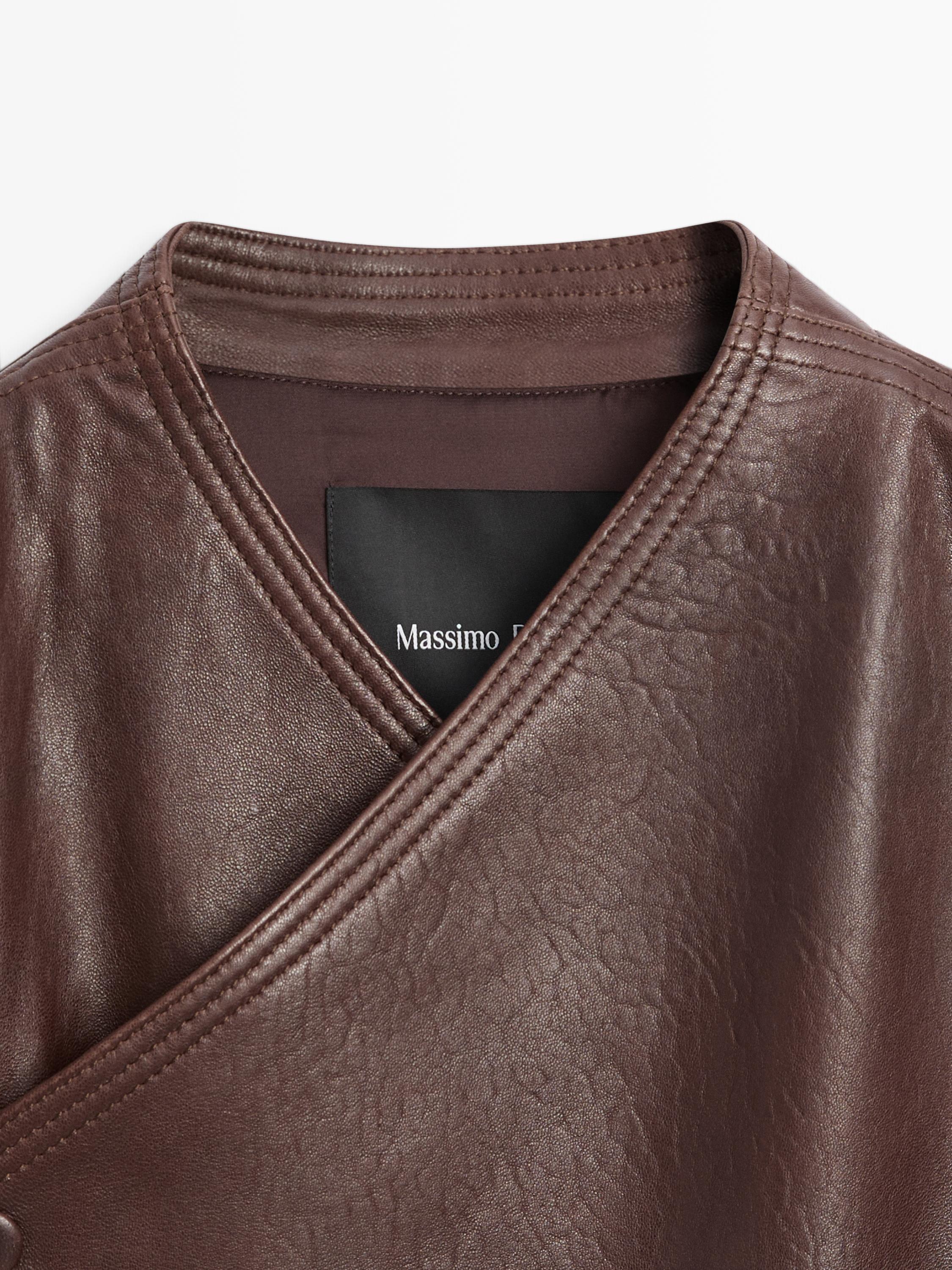 Asymmetric nappa leather bomber jacket — BROWN