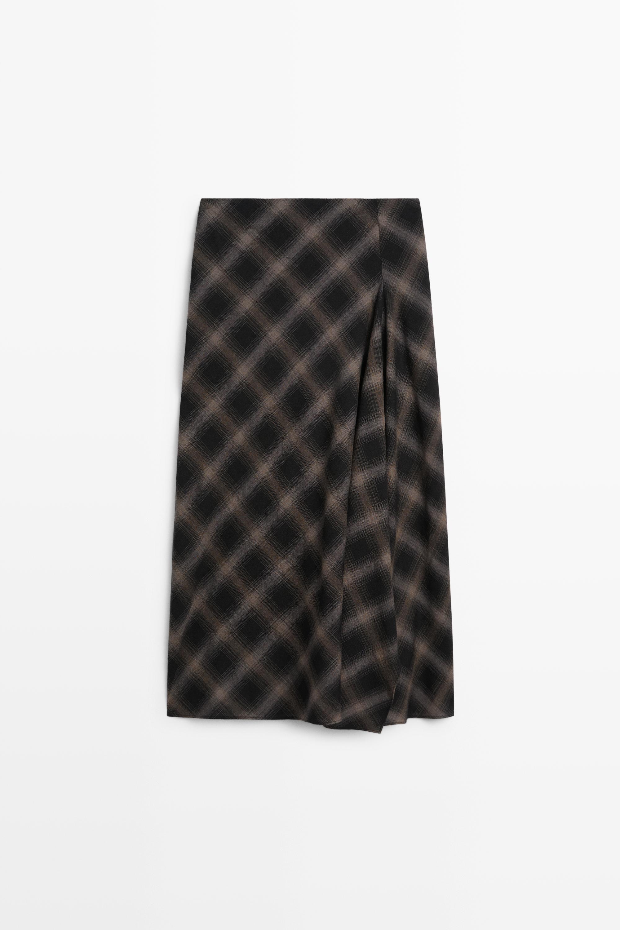 Wool-cotton blend check midi skirt with split — BLACK