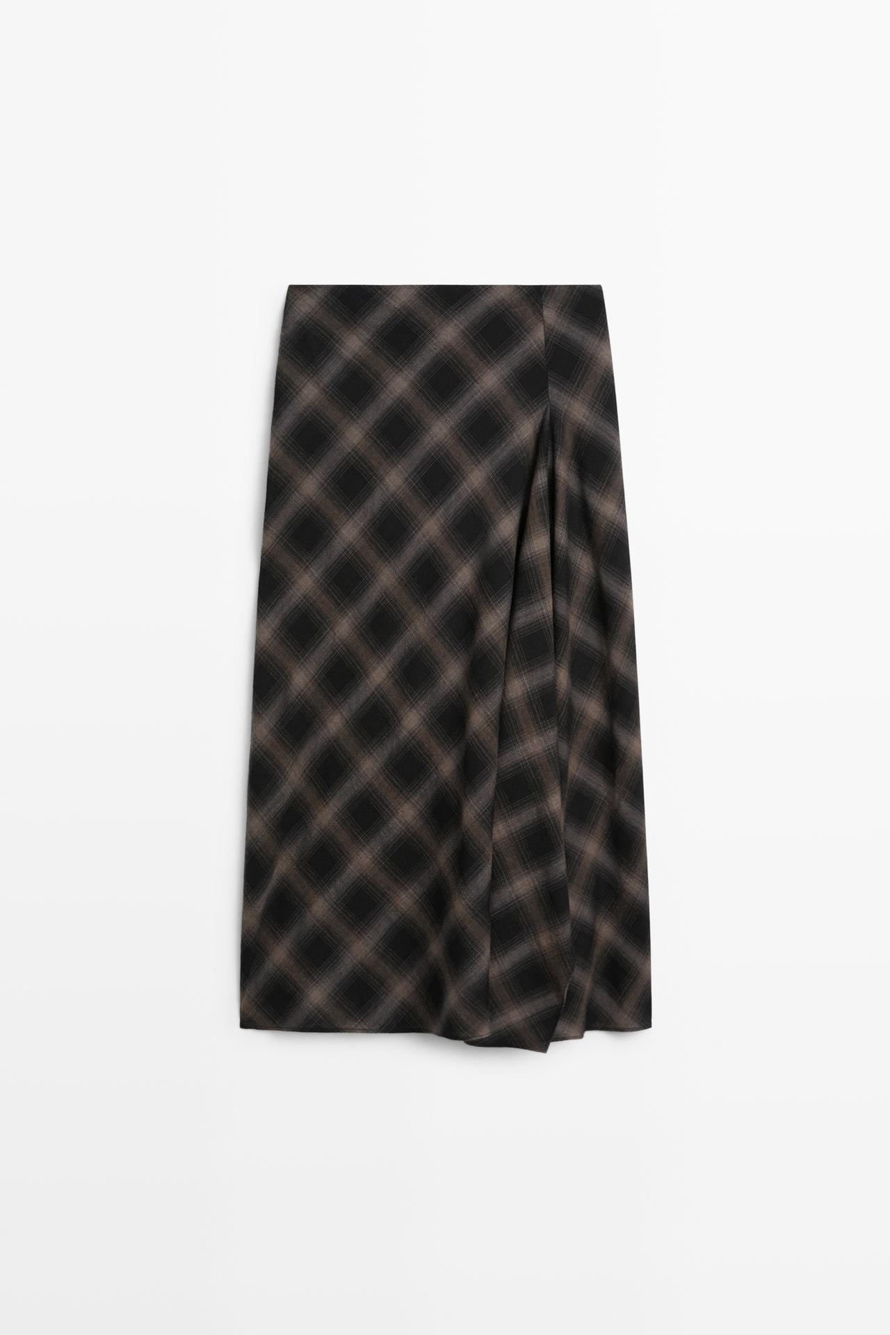 Wool-cotton blend check midi skirt with split — BLACK