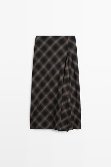 Wool-cotton blend check midi skirt with split — BLACK 2