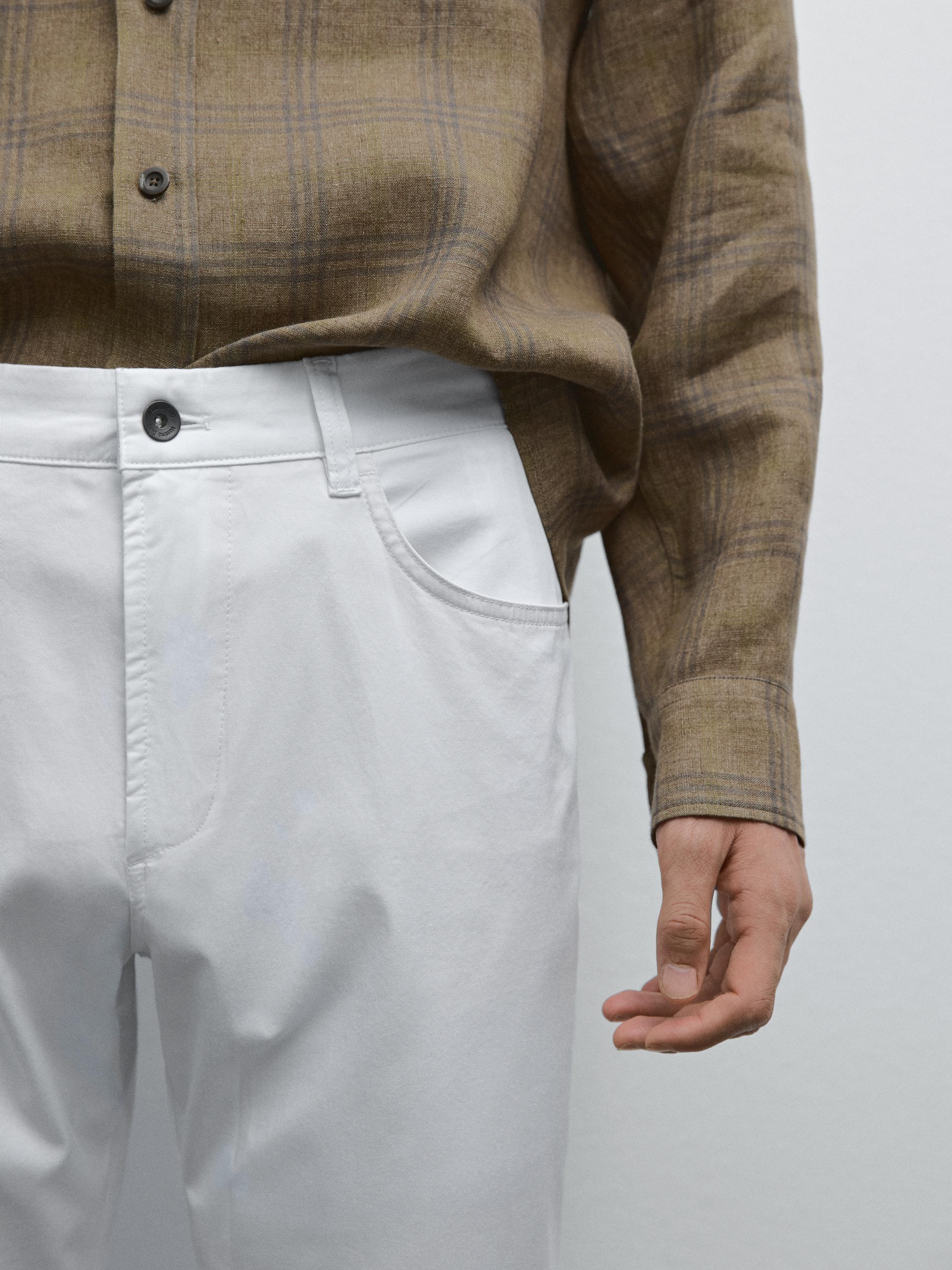 Slim-fit lightweight textured weave denim trousers