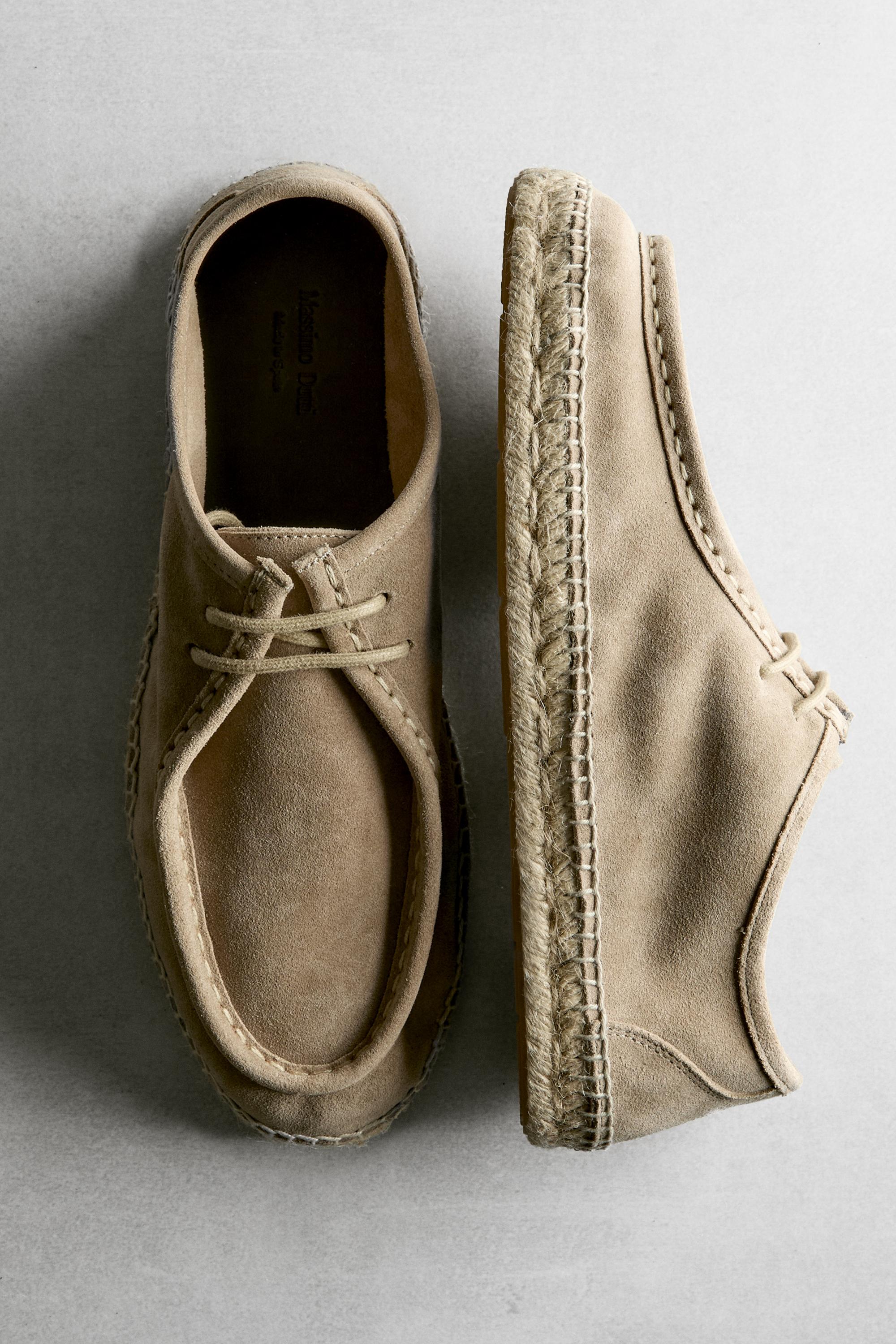 Split leather shoes with moc toe and jute sole — SAND
