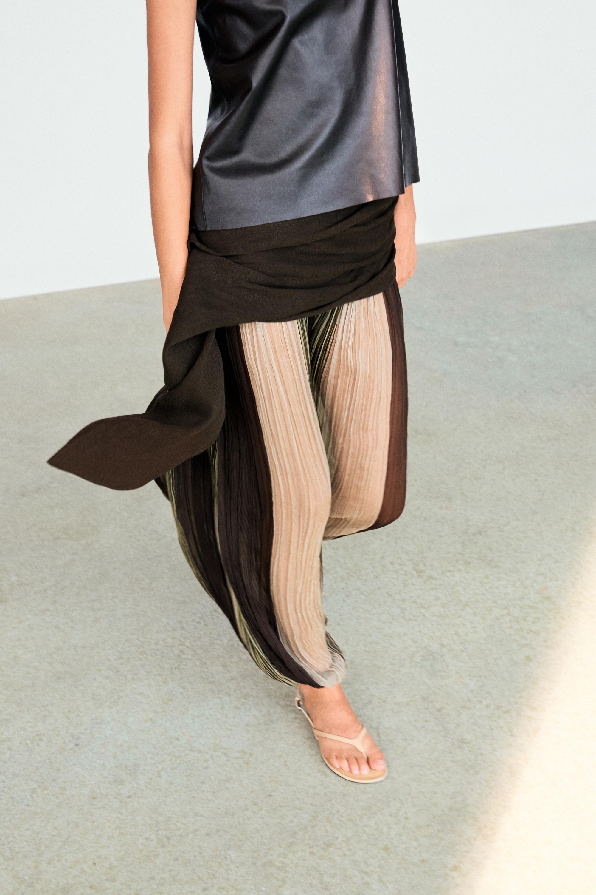 Striped flowing pants with sash detail — KHAKI