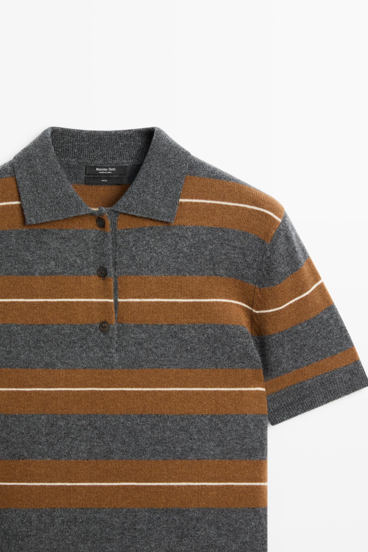 100% wool striped knit polo — MEDIUM GREY