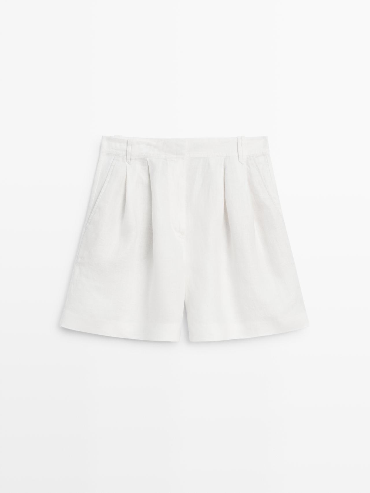 Massimo Dutti - Dames - 100% Linnen Bermuda Met Plooien - Wit - 36