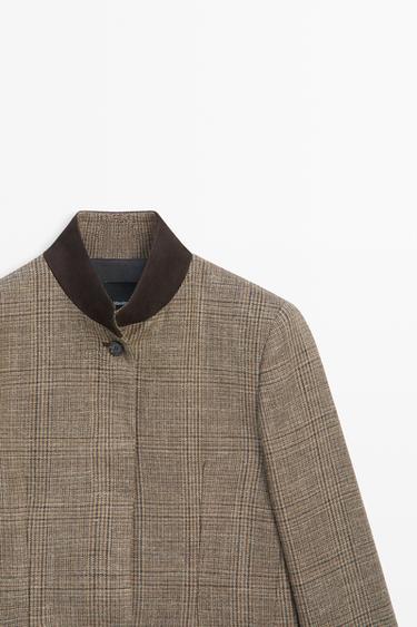 Checked blazer with contrast collar — BROWN 4