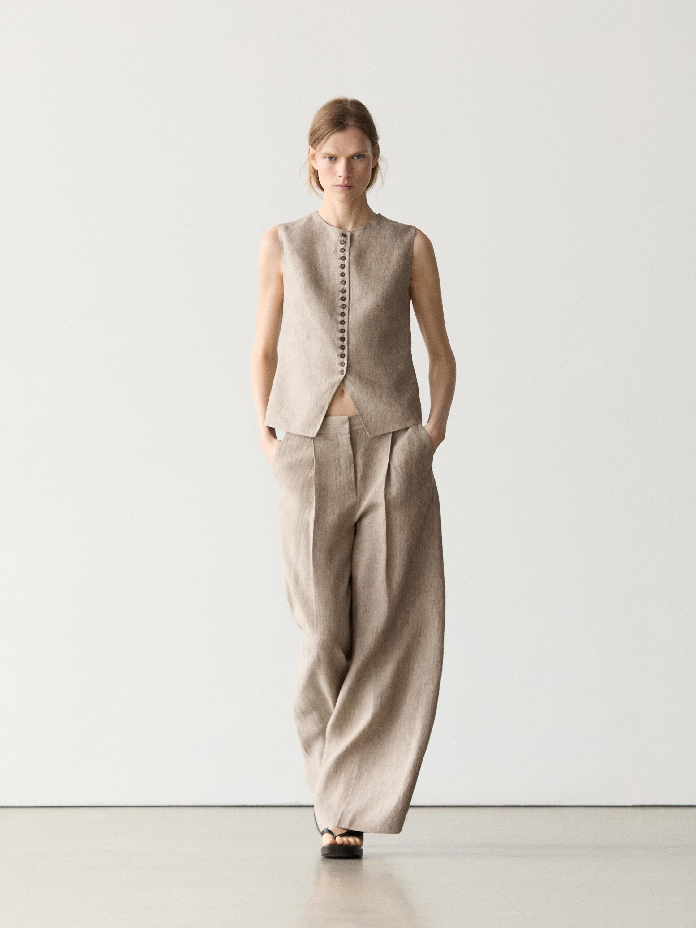 Linen melange trousers with pleated details — BEIGE