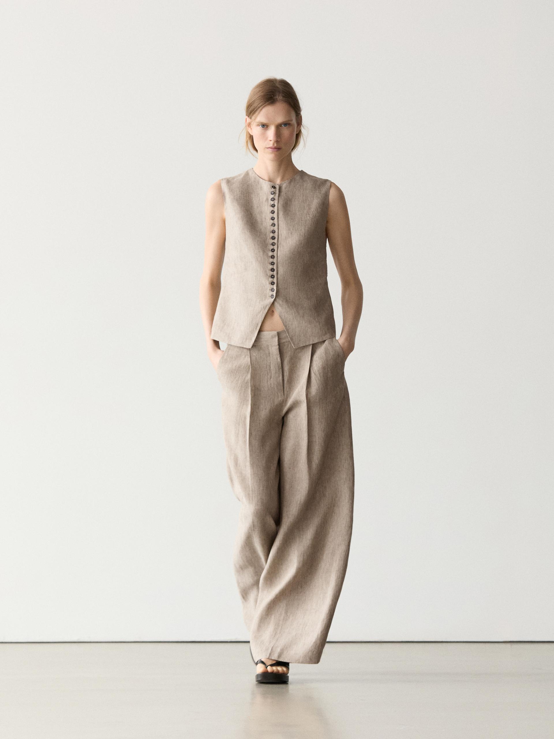 Pantalon Chiné Avec Plis En Lin - Beige - 40 - Massimo Dutti - Femme