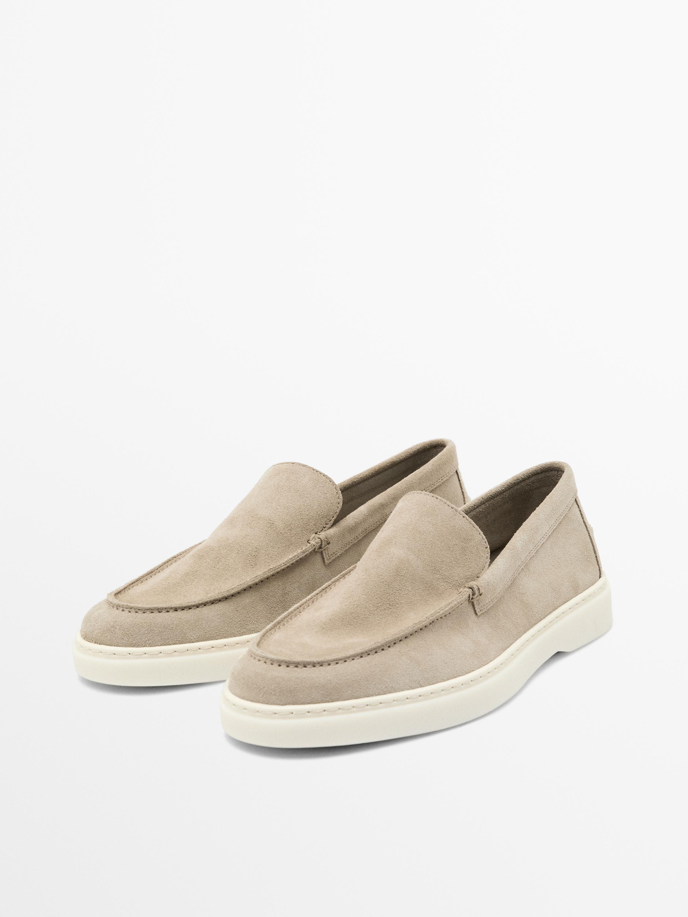 Split leather loafers with moc toe — SAND