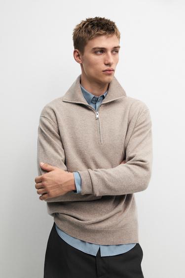 Mock neck zip-up knit sweater — Sand 3