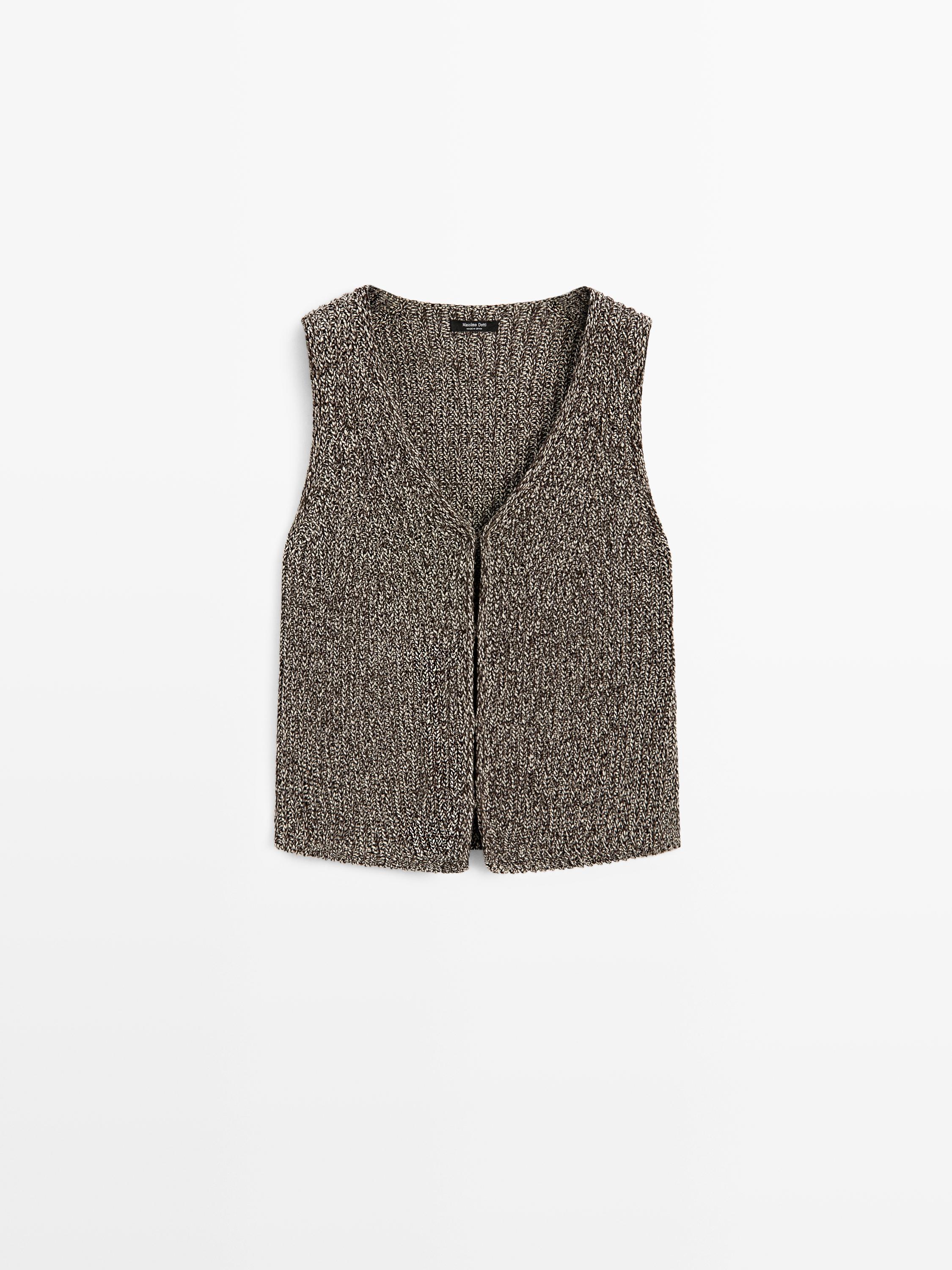 Cotton blend V-neck knit vest — BROWN MARL