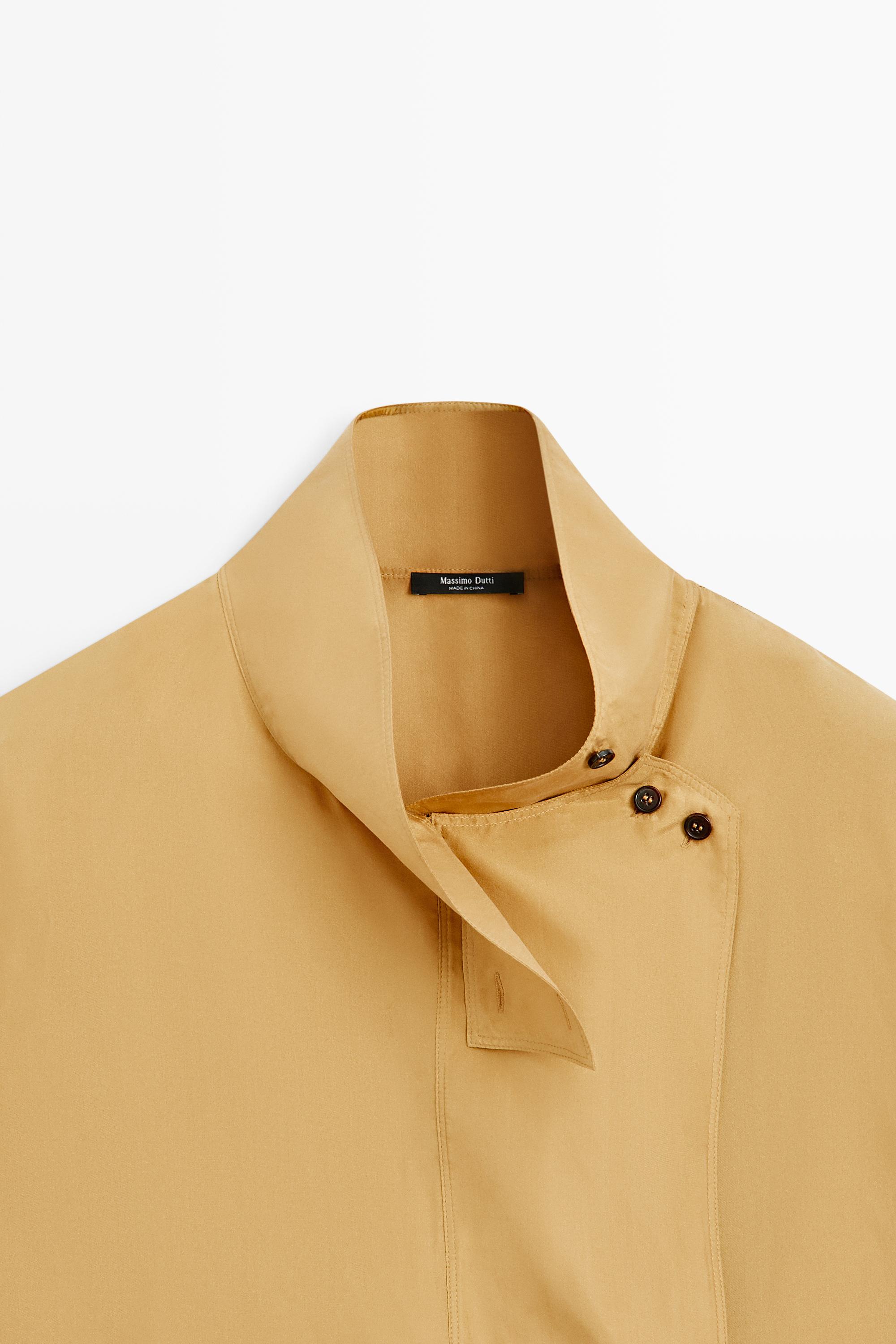 100% silk crossover mock neck shirt — MUSTARD YELLOW