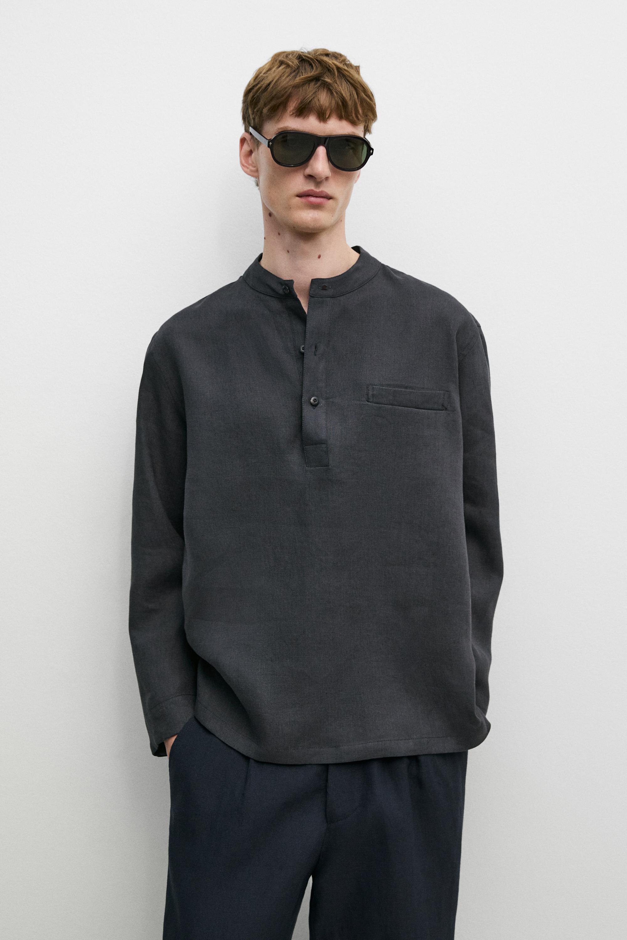 Linen button-up shirt with stand collar - LIMITED EDITION — NAVY BLUE