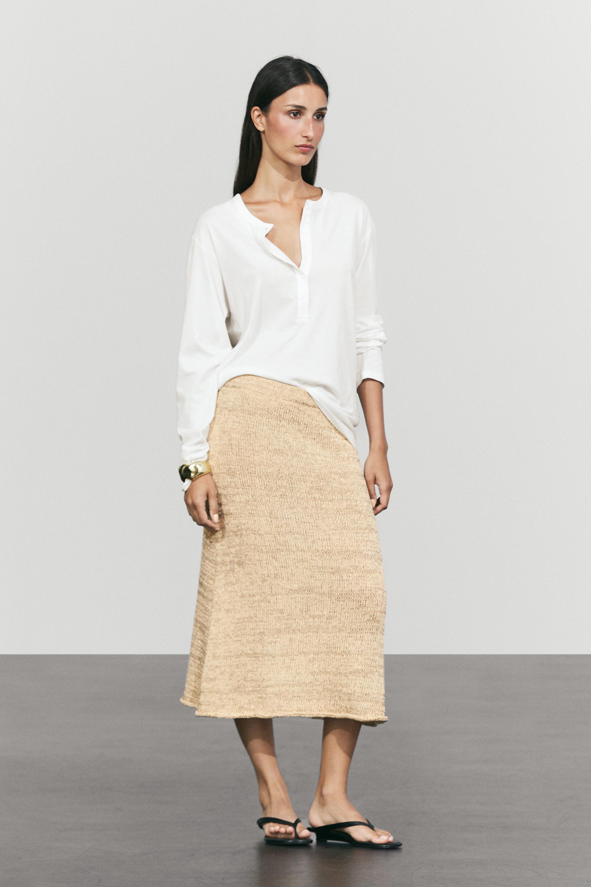 Marl cotton blend knit midi co-ord skirt — Beige