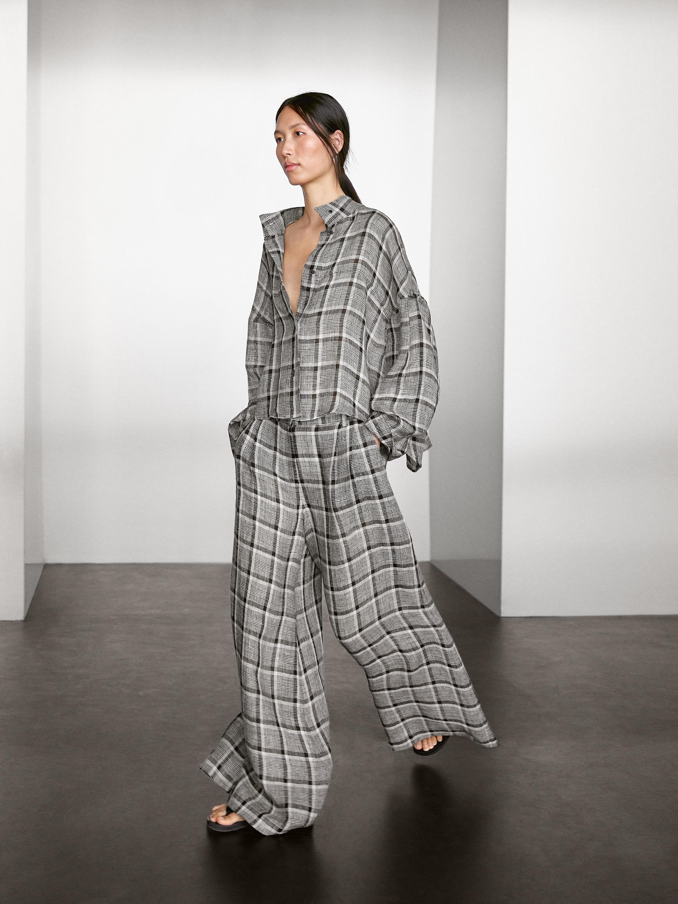 Rūtainas 100% lina palazzo stila bikses