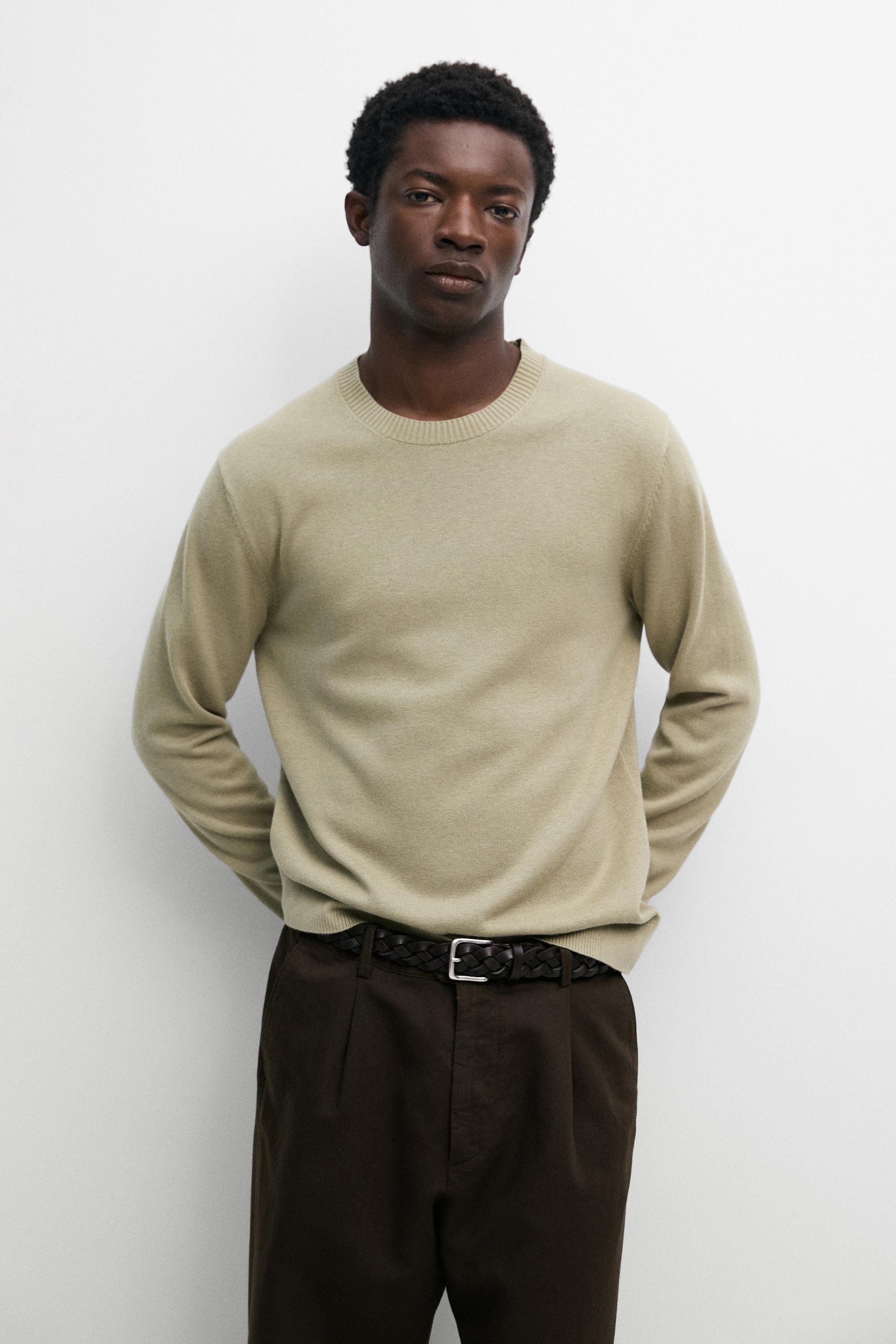 Knit cotton and wool sweater with crew neck — PALE GREEN