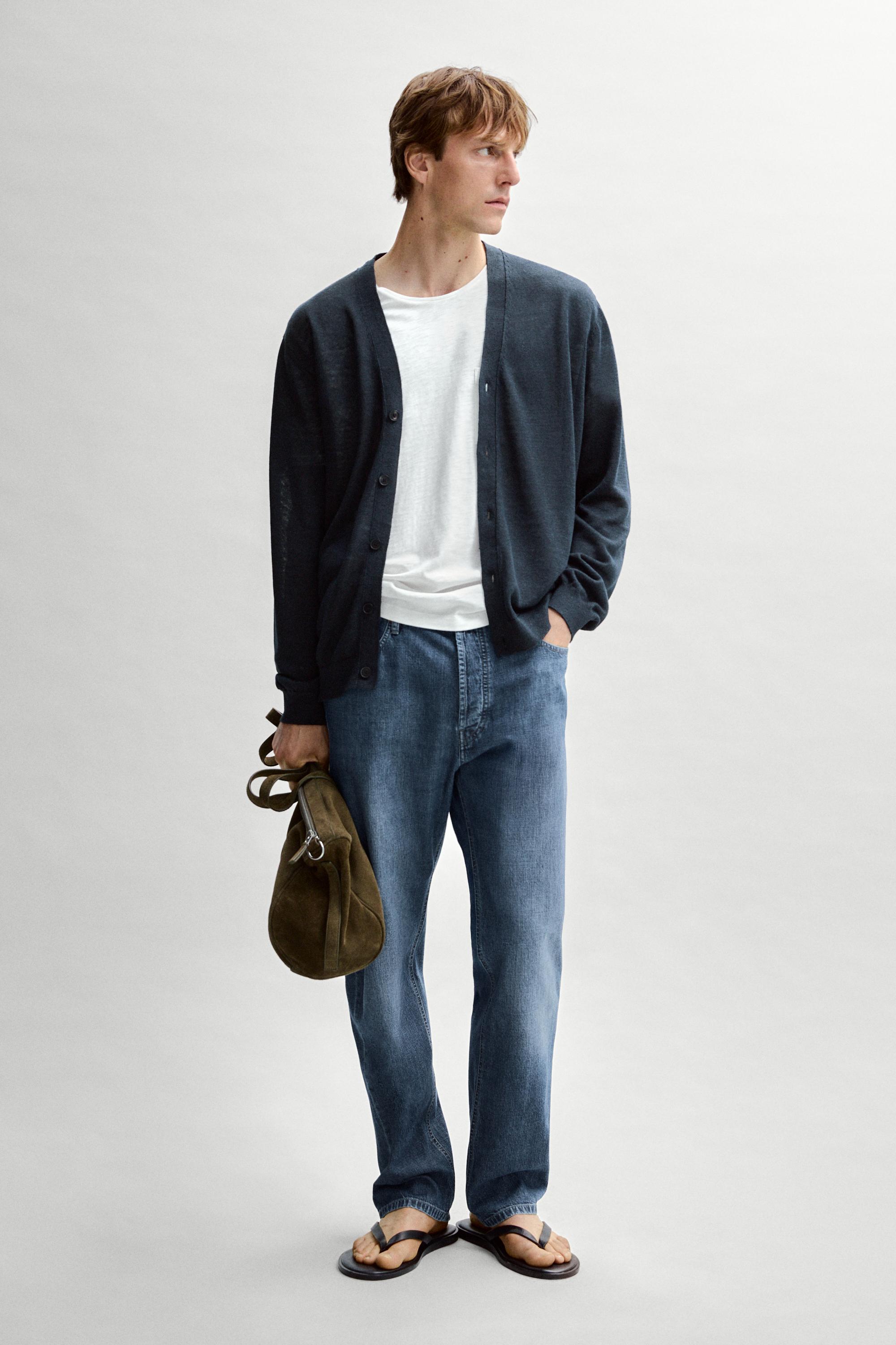 Linen knit cardigan with buttons — NAVY BLUE